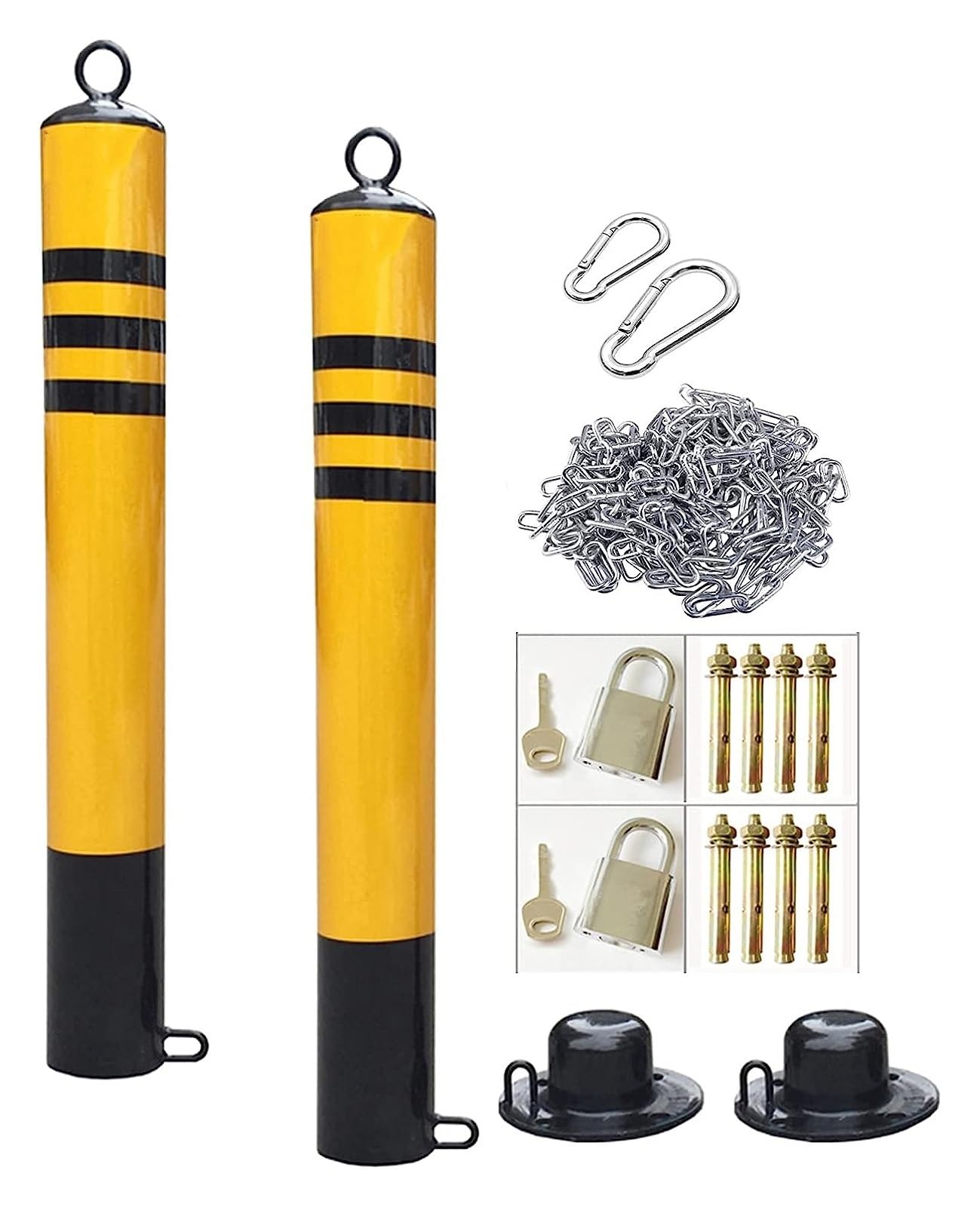 Set of 2 Parking Posts Lockable, 5m Iron Chain Parking Barrier Bollards with Reflective Tape, Easy Installation,76x650mm