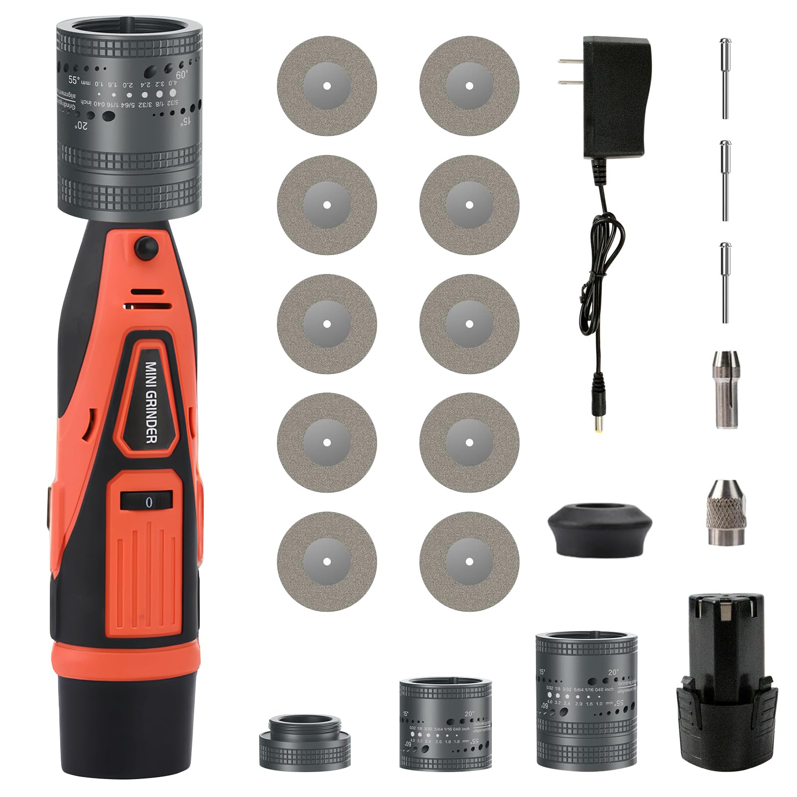 Elettrodi di Tungsteno TIG Rettificatrice Smerigliatrice, Set di affilatrici per elettrodi in tungsteno per saldatura TIG, 6 misure, 8 angoli, con 10 Titanio Rivestito Diamante Mole e 3 Mandrini CNC