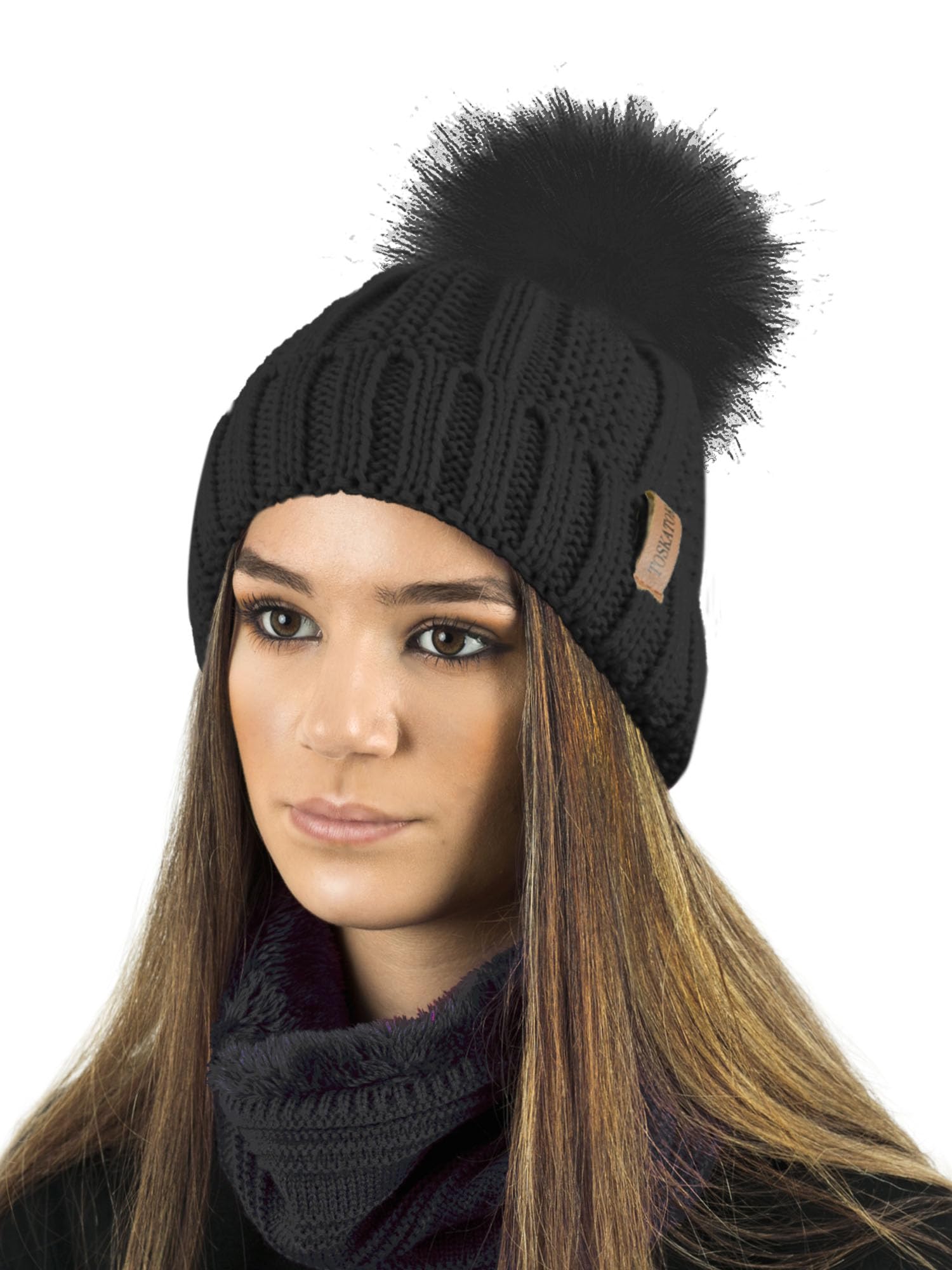 Toskatok Women's Black Hat Winter Rib Seed Stitch Beanie Bobble Hat With Warm Cosy Fleece Liner & Large Faux Fur Pom Pom