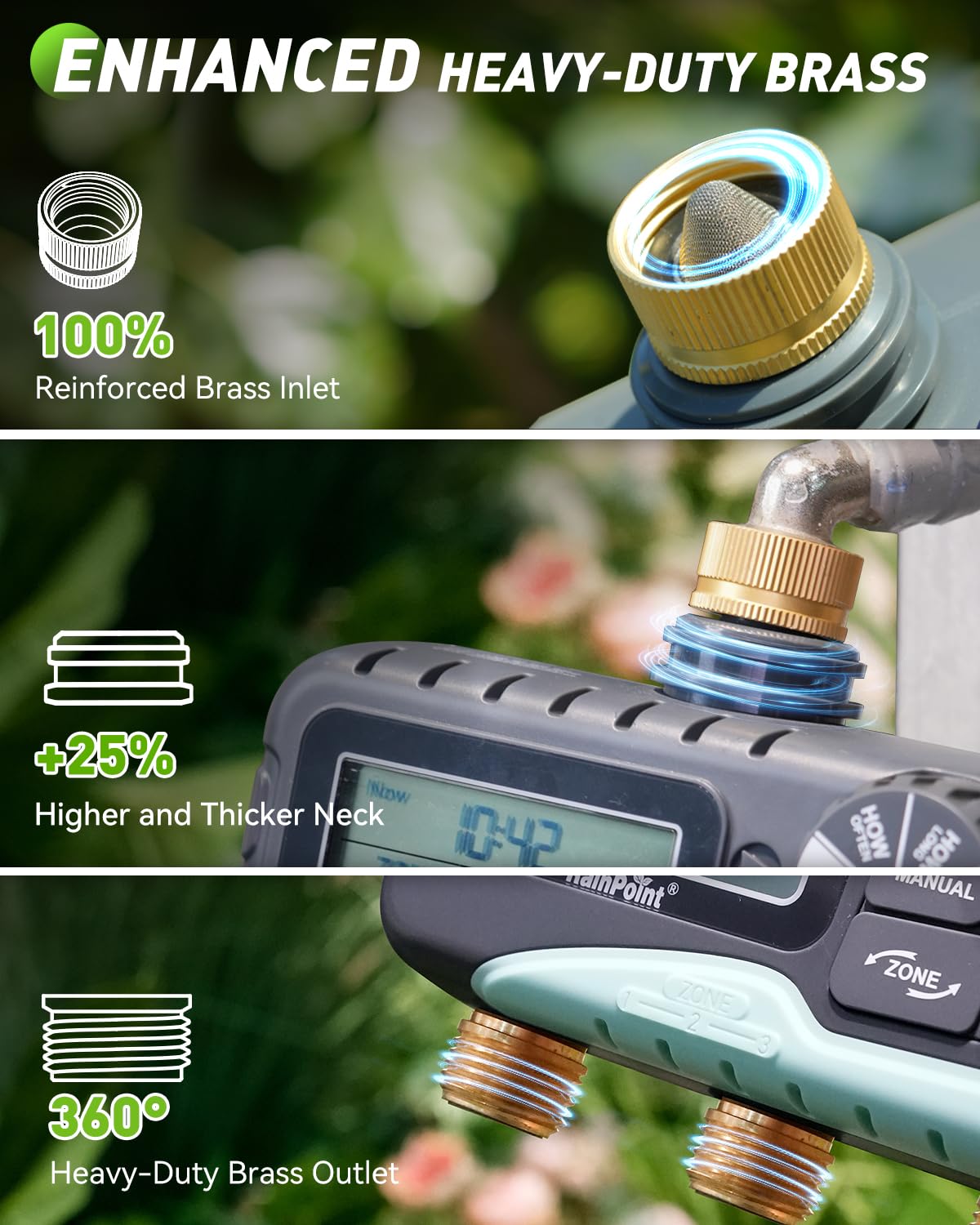 RAINPOINT Timer dell'acqua a 3 zone con ingresso e uscita in ottone, 3 piani di irrigazione personalizzati, con impermeabilità IP65, ritardo pioggia, irrigazione manuale e automatica con ampio LCD per