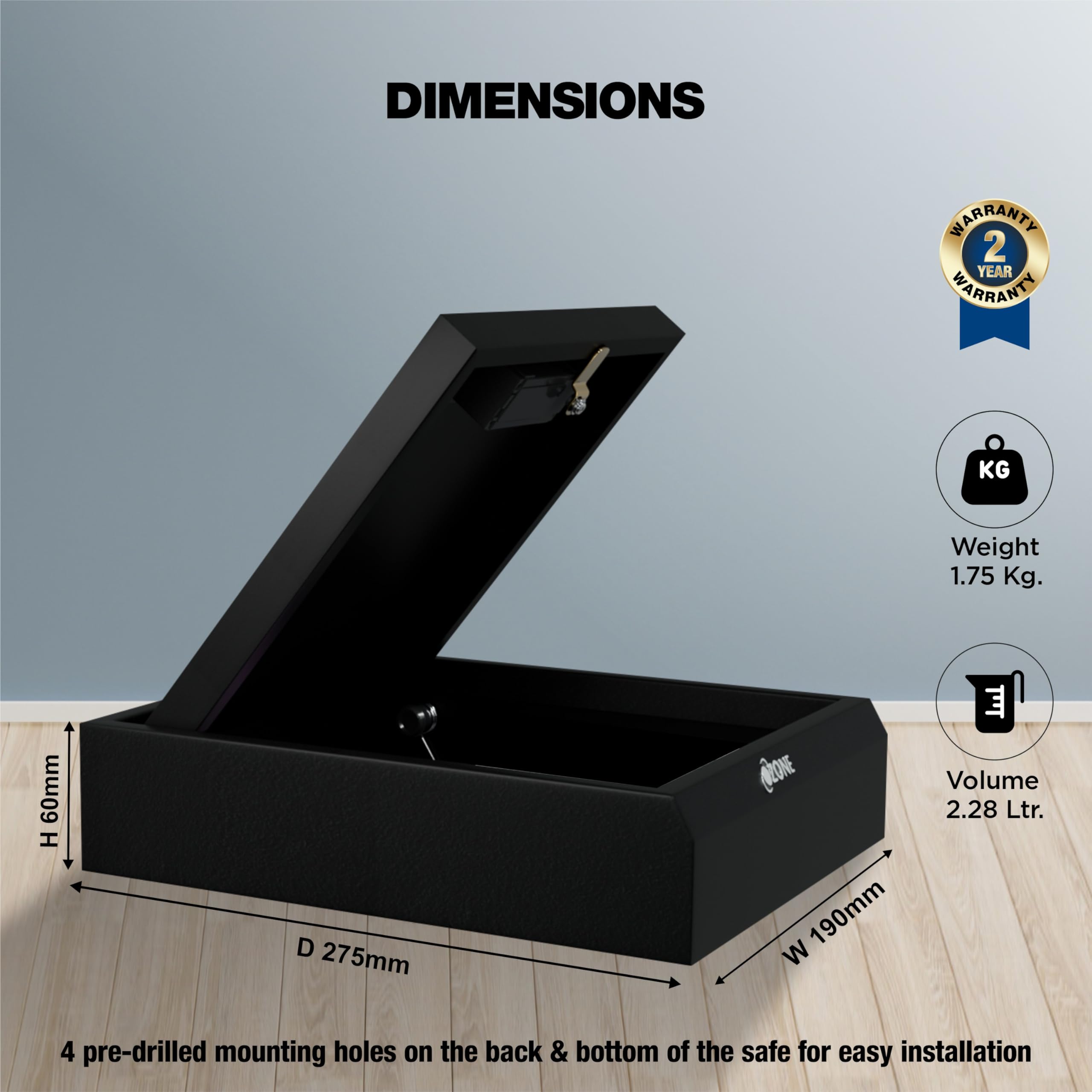 Ozone 2.28 Litres Digital Safe Locker for Home & Office โ Digital Lock, 1-Way Unlocking (Password), Size: 60H x 190W x 275D mm, Weight: 1.75kg, 2-Year Warranty 4