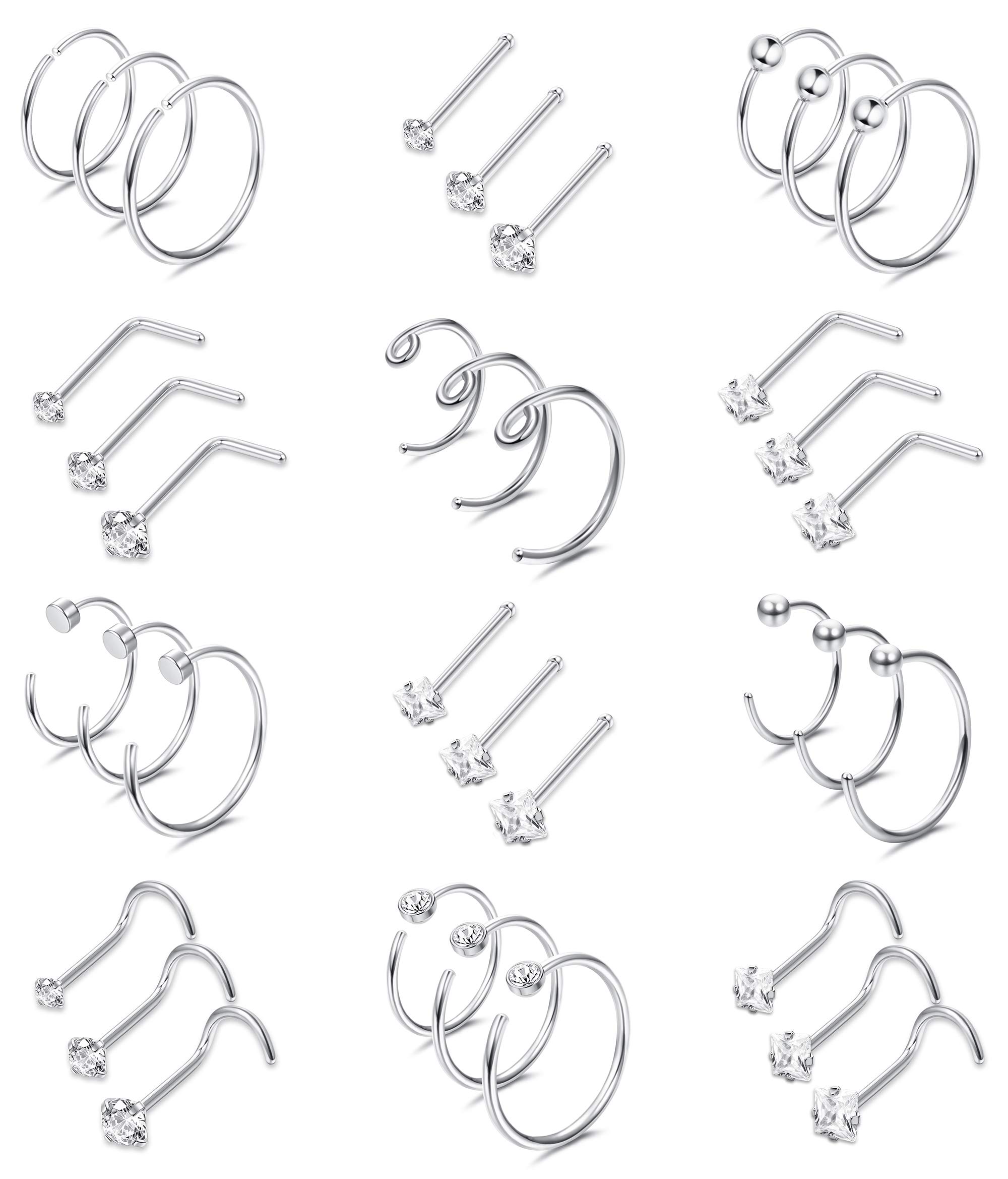 36Pcs 20G Stainless Steel Nose Ring Hoops Nose Studs Screw Piercing for Men Women CZ Inlaid Lip Eyebrow Tragus Jewelry Set