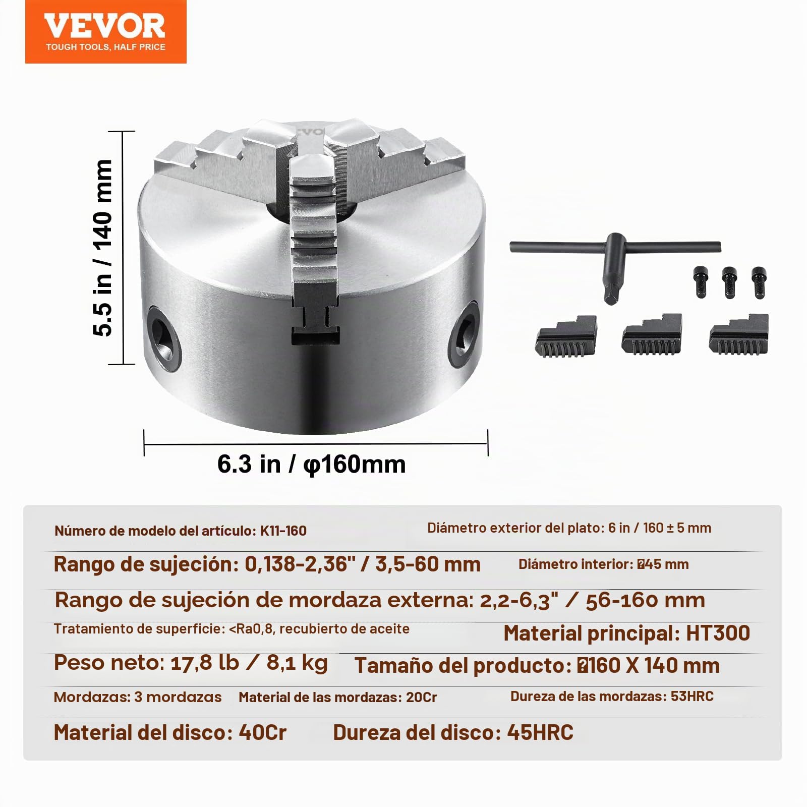 VEVOR Portabrocas de Torno Autocentrante 3 Mordazas de 6" Mandril de Torno Rango de Sujeción 0,14"-6,3" Mandril de 3 Mordazas Llave en T Autocentrante Mandíbula Reversible para Fresadoras Taladros