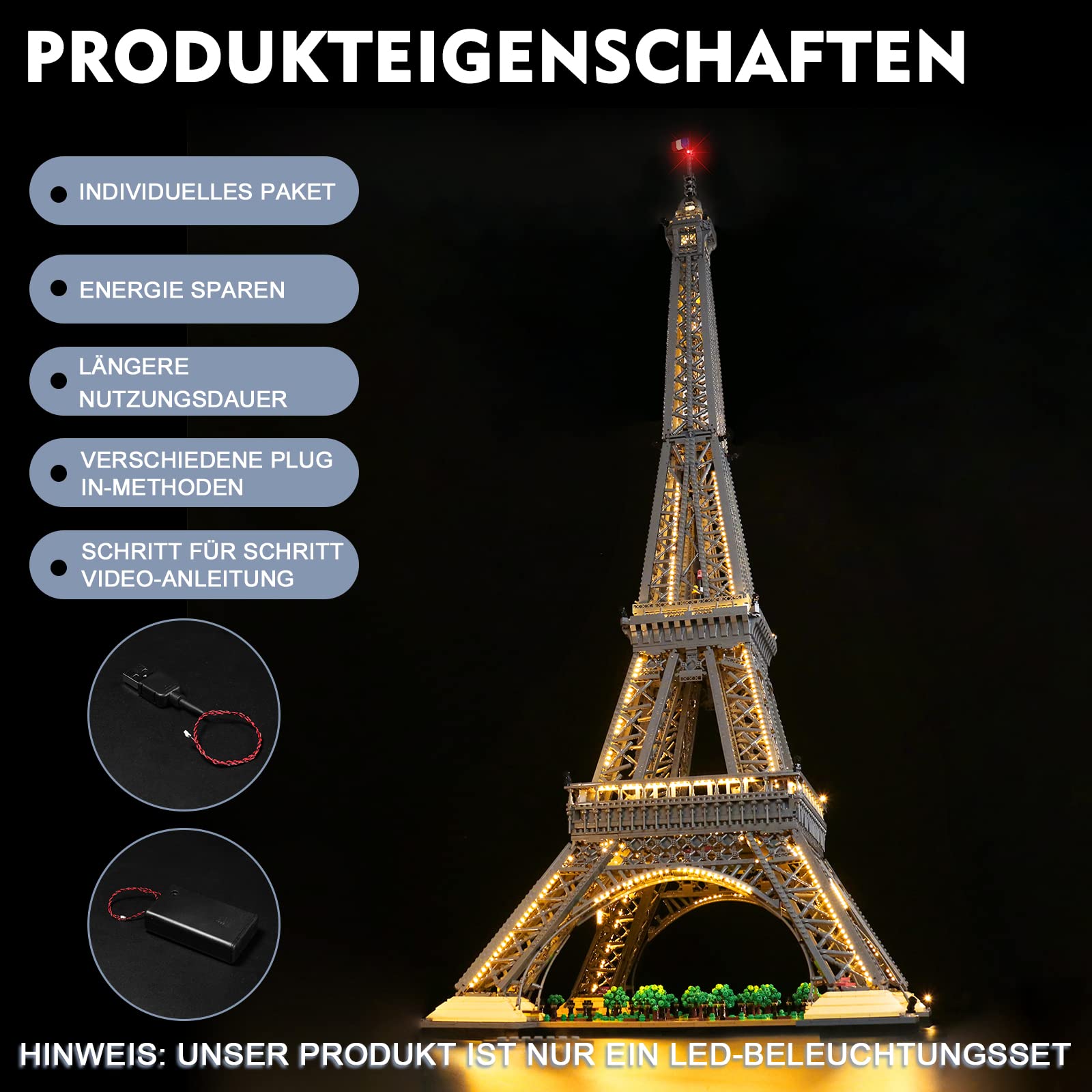 BrickBling Zestaw świateł LED kompatybilny z Lego The Eiffel Tower Building, zestaw oświetlenia dekoracyjnego kompatybilny z Lego 10307 Eiffel Tower Architecture kreatywna zabawka (nie jest to model)
