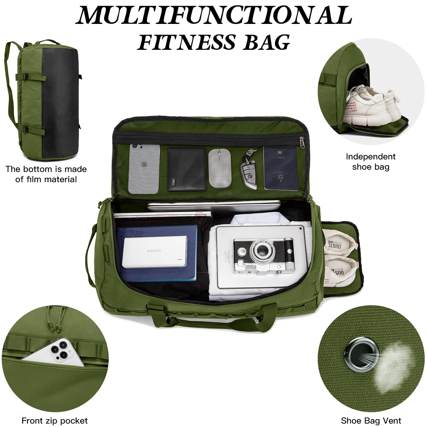 Lyweem Sports Gym Bag Mens, Large 60L Tactical Travel Duffle Bag with Shoes Compartment Women, Overnight Duffel Bag Backpack - Image 4
