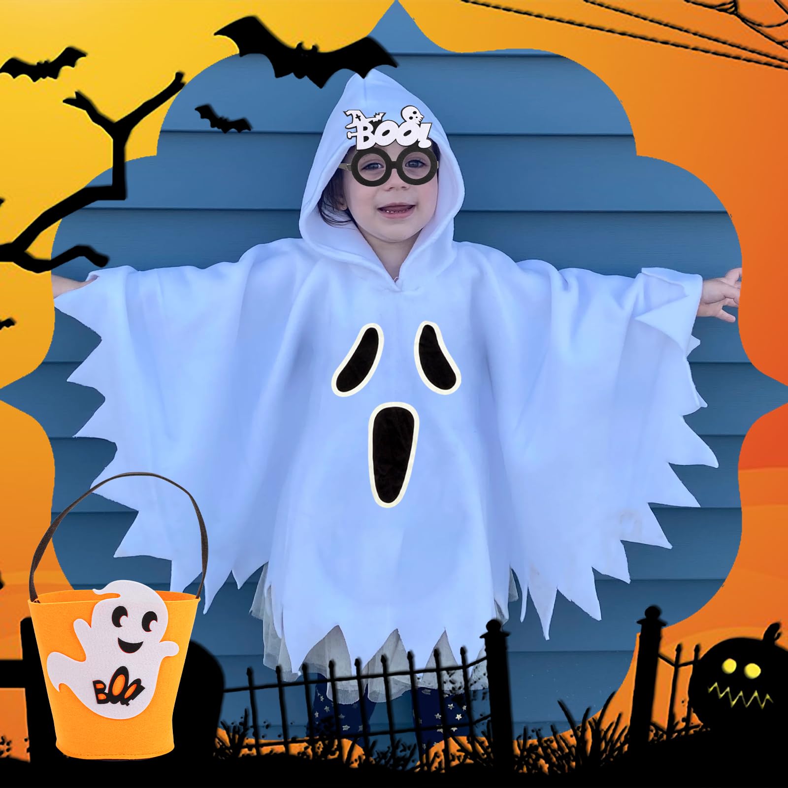 Lancry 3PCS Halloween Ghost Costume for Kids Glow in Dark Hooded Poncho with Pumpkin Basket and Skeleton Glasses - Image 4