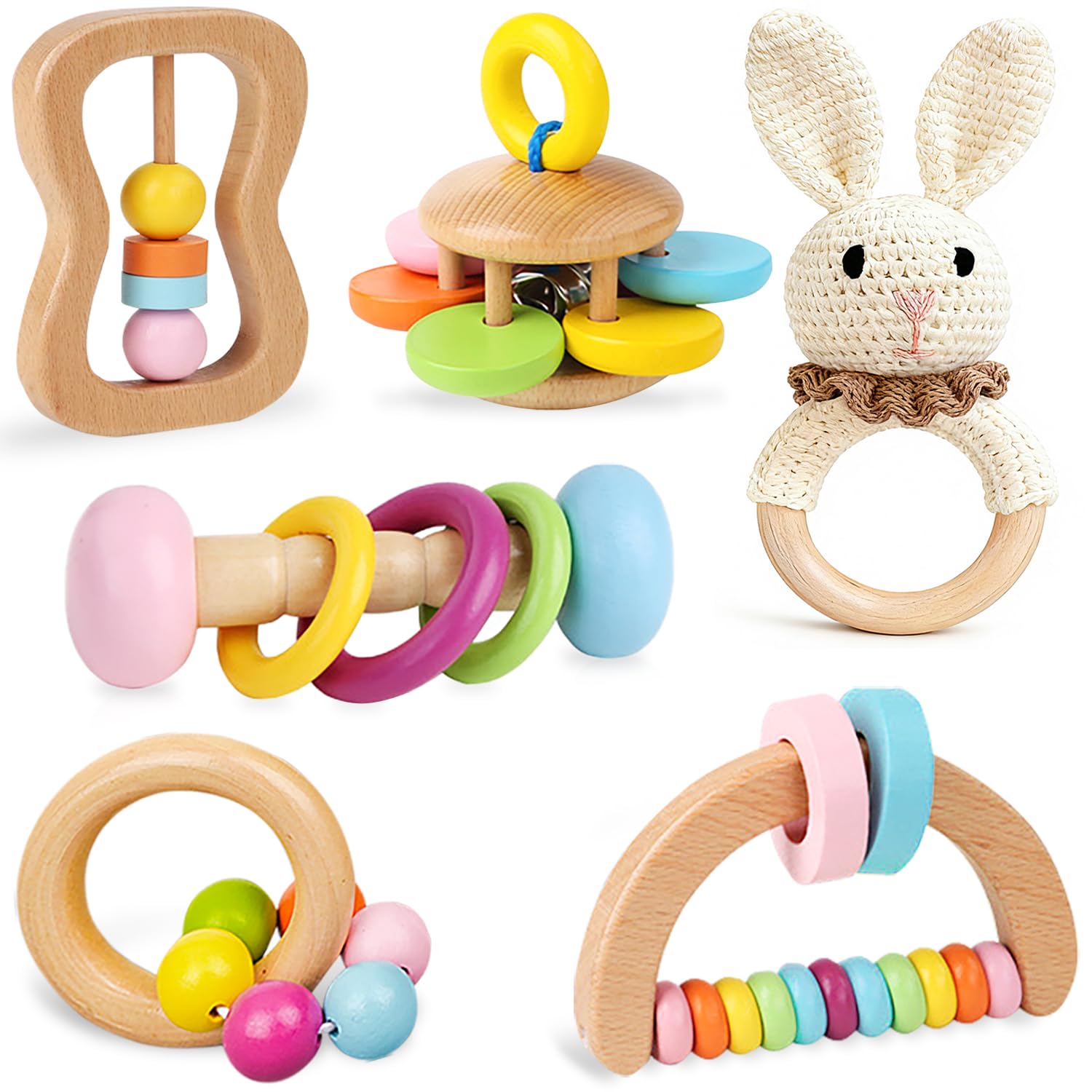 6 PCS Wooden Baby Rattle, Organic Colorful Baby Hand Rattles Set, Wood Rattles for Babies 0-6-12 Months, Wooden Teether Crochet Rattle Toy for Newborn Infant, Montessori Toys for Babies 0-6 Months