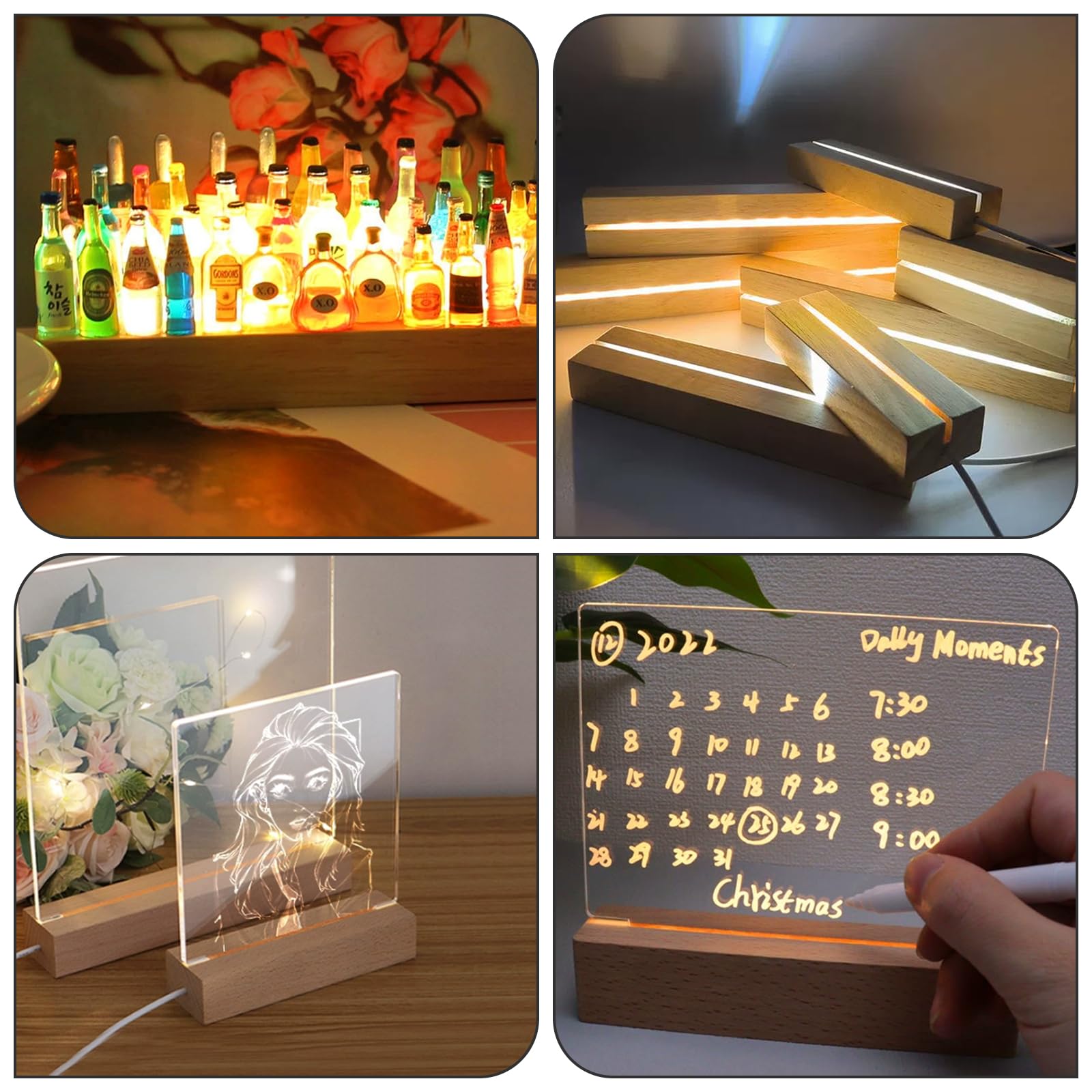 BORDEAG Base de Exhibición de Luces LED, 4 Piezas Base de Madera con Luz Led, Base de Madera Rectangular con USB para Placa Acrílica, Placa de Cristal, 15 cm de Largo, Blanco Cálido