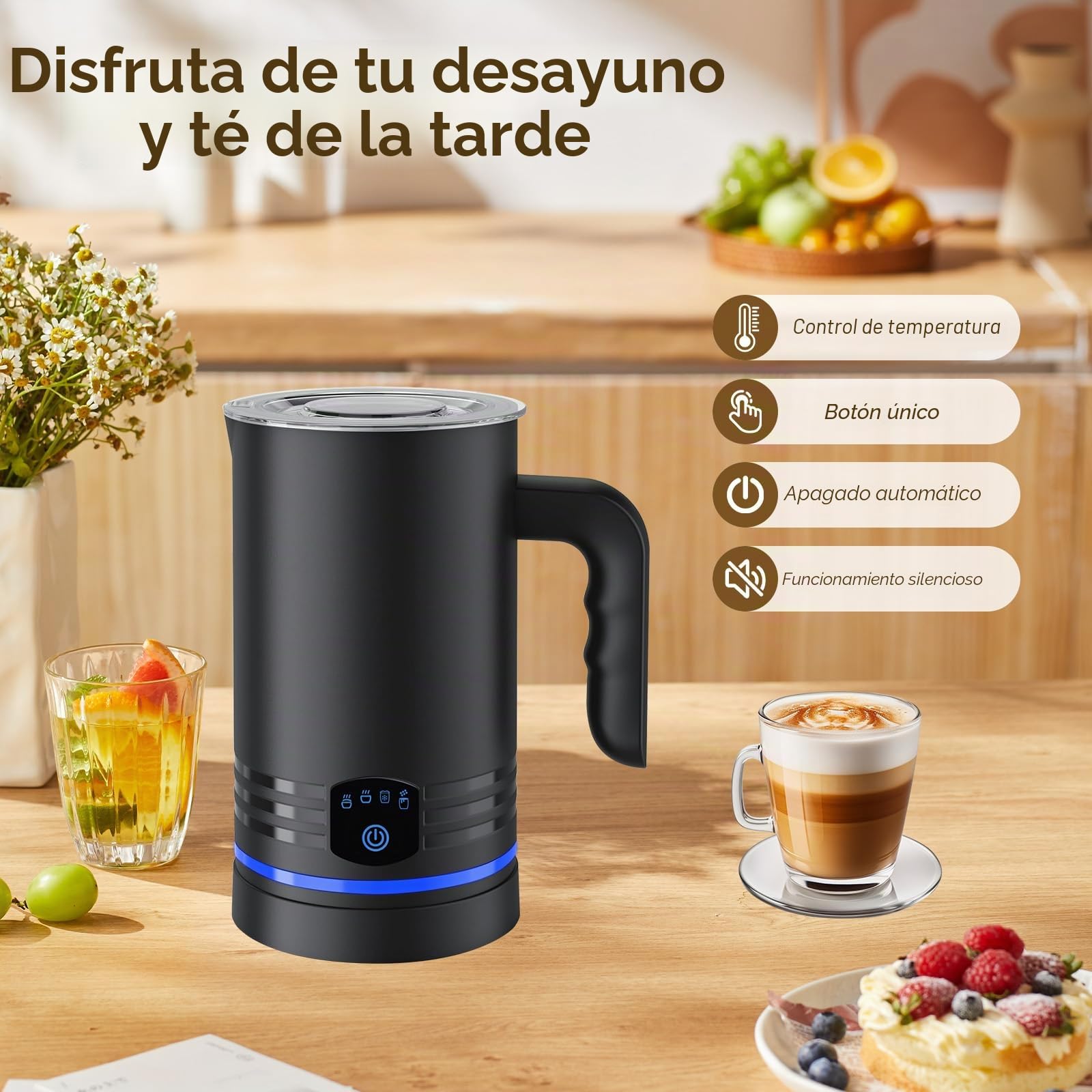 Espumador de Leche Eléctrico 4 en 1,600W Espumador Automático para Leche Caliente y Fría,430ML,Apagado Automático,Revestimiento Antiadherente,Silencioso,Capuchinos,Macchiato,Chocolate Caliente (Negro)