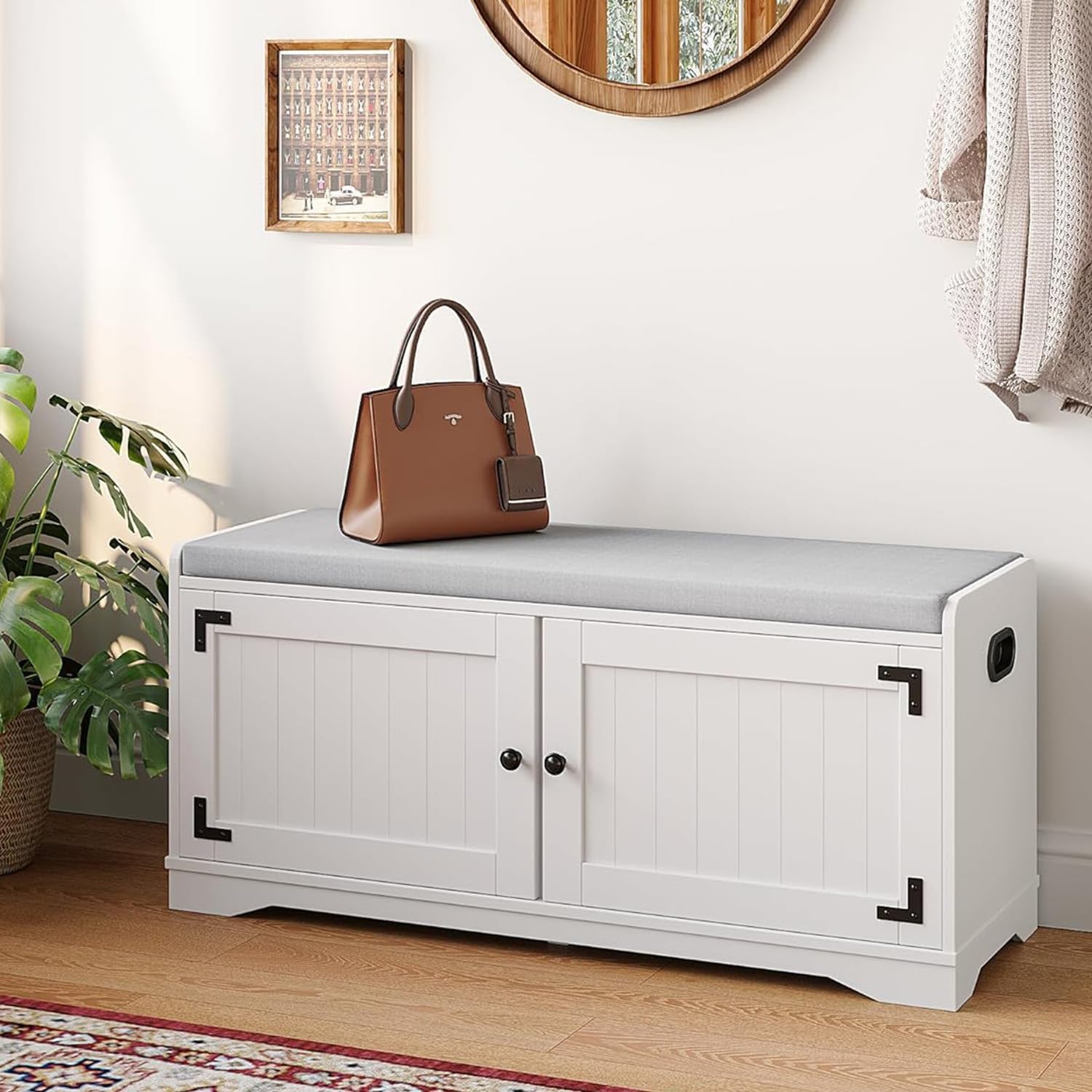 2-Tier Shoe Storage Bench, 100cm Hallway Bench with Cushion, 2 Doors, White