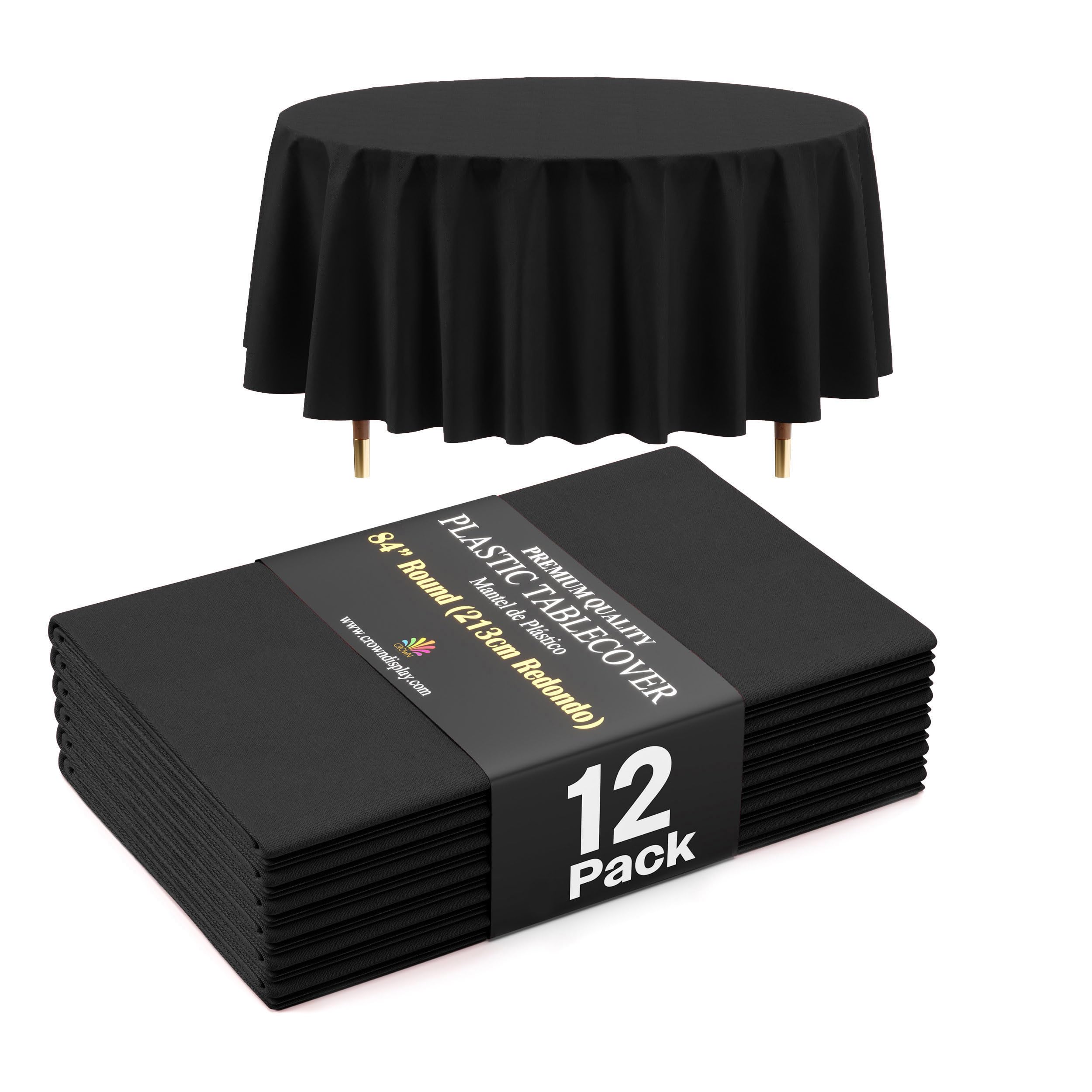 Exquisite 66% Thicker Premium Black Round Tablecloth 0.5 Mil 12 Pack Plastic Table Cloth 84 Inch Round Plastic Tablecloth Won't Tear Easily Like Cheap Thin Brands