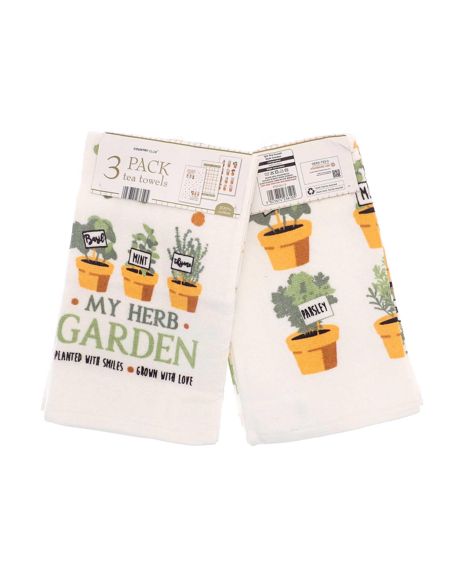 Country Club White 100% Cotton Pack Of 3 My Herb Garden Design Velour Kitchen Tea Towels