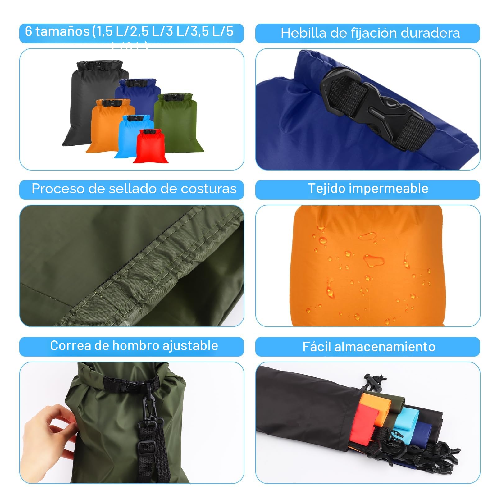 VFANDV Bolsa Estanca Impermeable 6 Piezas, 1.5/2.5/3/3.5/5/8L Bolsas Secas Ligeras Bolsas Secas Impermeables Bolsa Impermeable para Rafting Senderismo Viaje de Campamento Natación Esnórquel