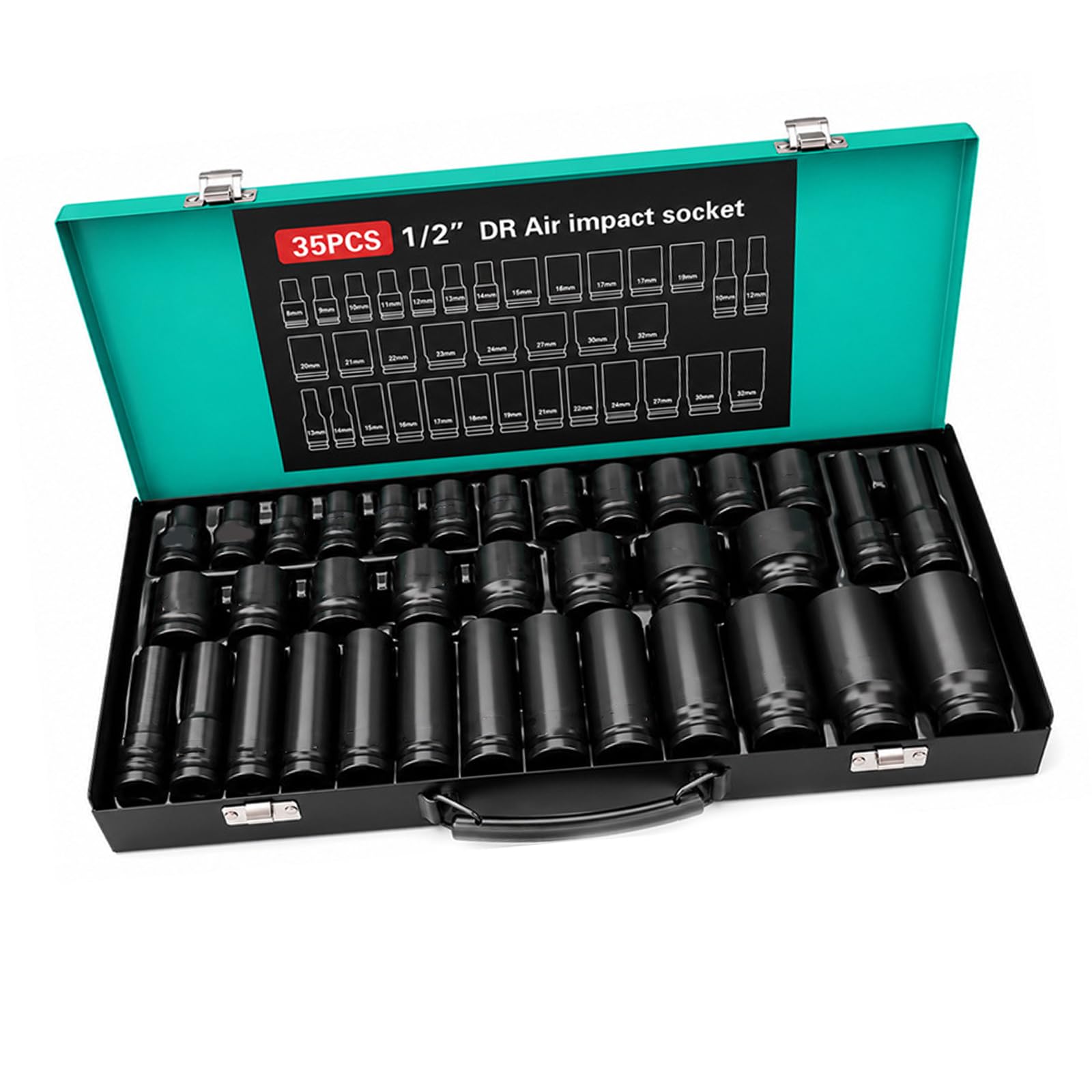 15/24 / 27 / 35Pcs Industrial 1 / 2Inch Drive Impacting Socket Set Carbon Steel Impacting Socket Set with Hard Storage Box Auto Maintenance Equipment