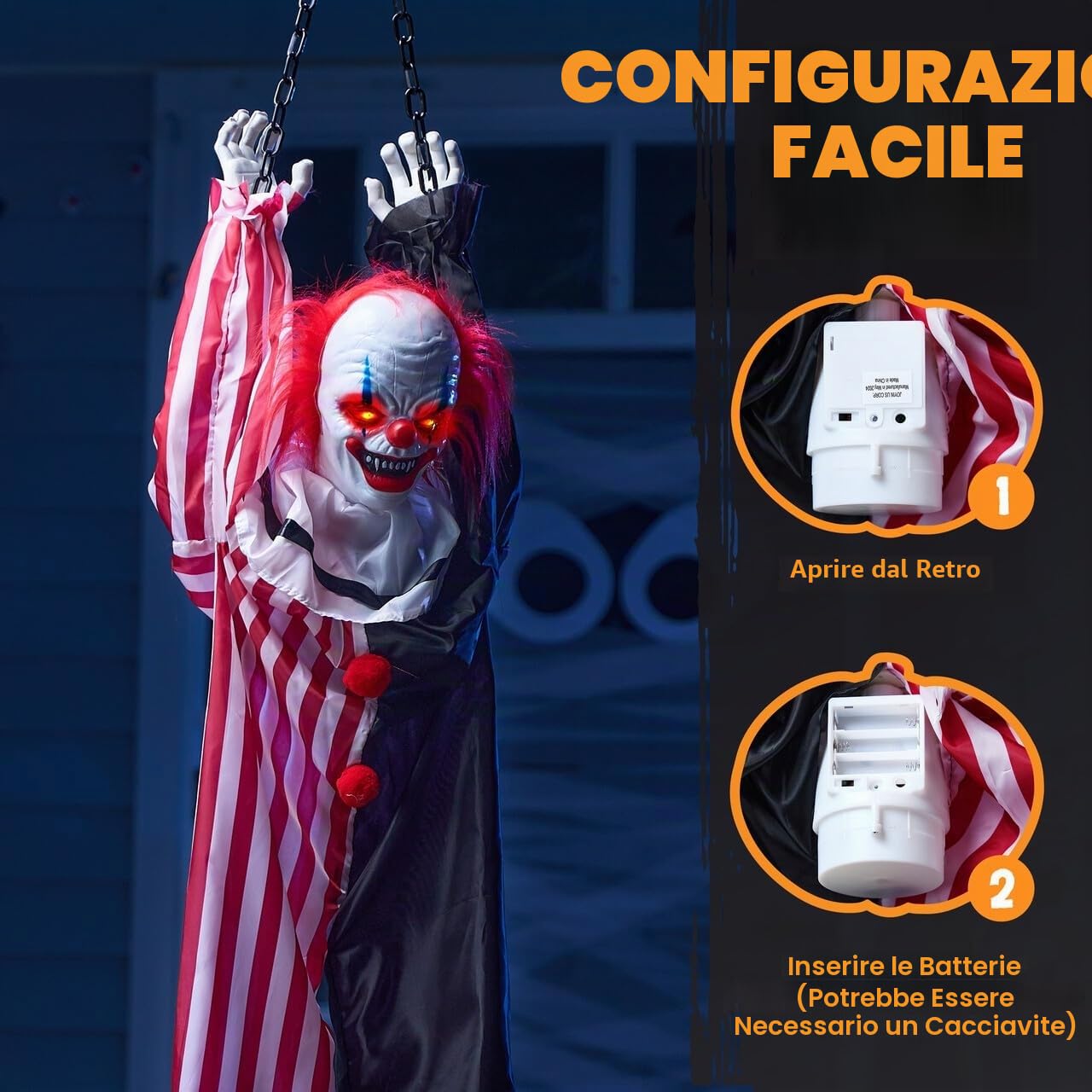 JOYIN Decorazione animatronica da appendere a forma di clown di Halloween, con catena, 165 cm, spaventoso clown con movimento, luce e suono (attivato dal suono), decorazione animata per cortile