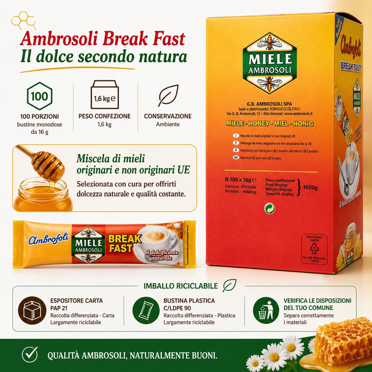 Ambrosoli Break Fast Miele in Bustine Monodose 100 x 16g (1,6 kg) – Dolcificante Naturale per Caffè, Tè e Colazione – Formato Espositore
