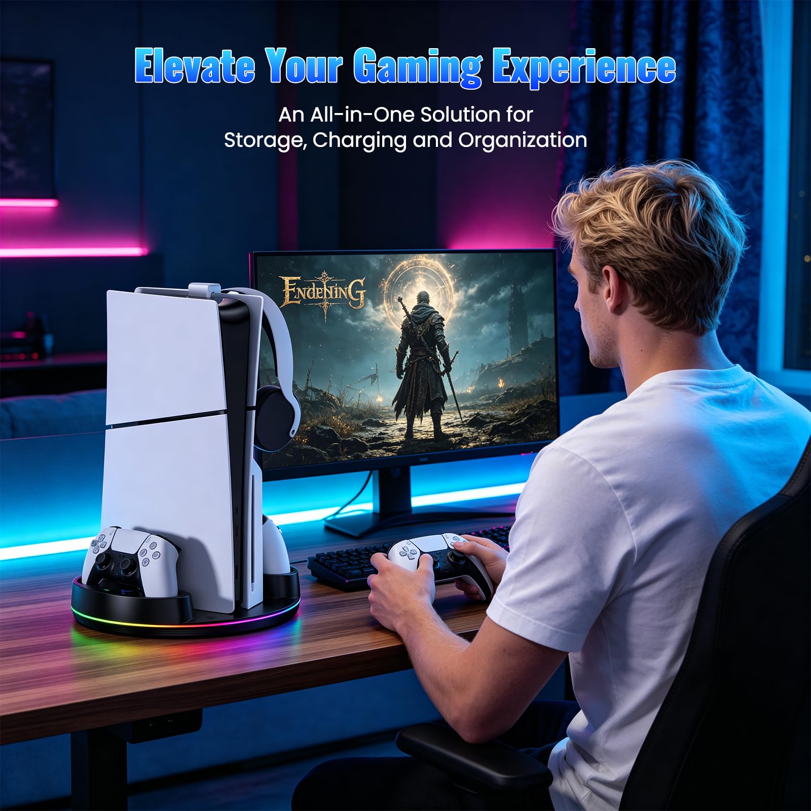 NEWDERY for PS5/Slim/Pro Stand Console, Fast Charging Station Compatible with PlayStation 5 Controllers with Adjustable RGB Light, Charging Station for All PlayStation 5 Console - Blcak