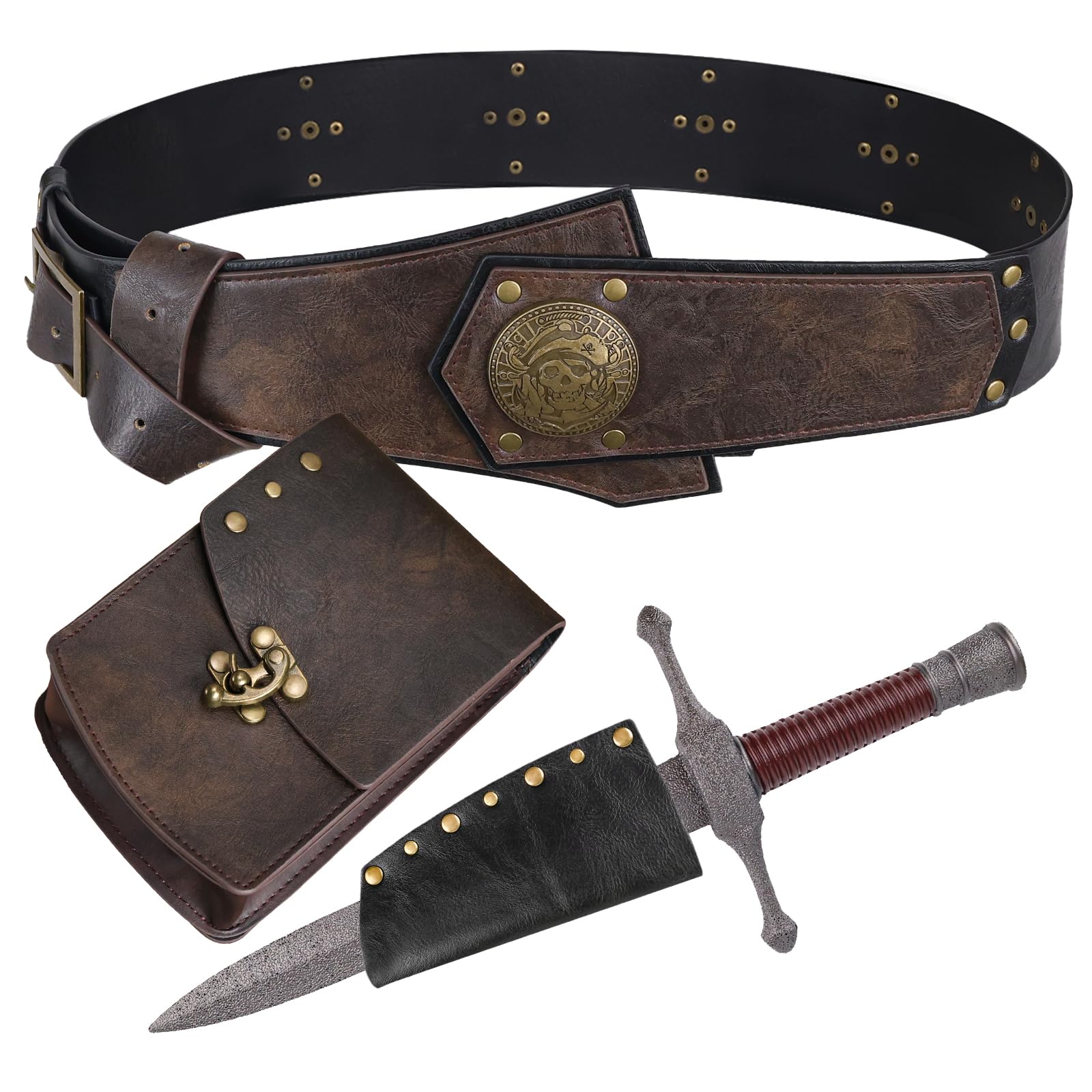 HiiFeuer Kostium pirata dla mężczyzn, akcesoria z renesansowym pasem, średniowieczna torebka, sztuczny sztylet i miecz, żaba do Ren Faire LARP, 4 szt