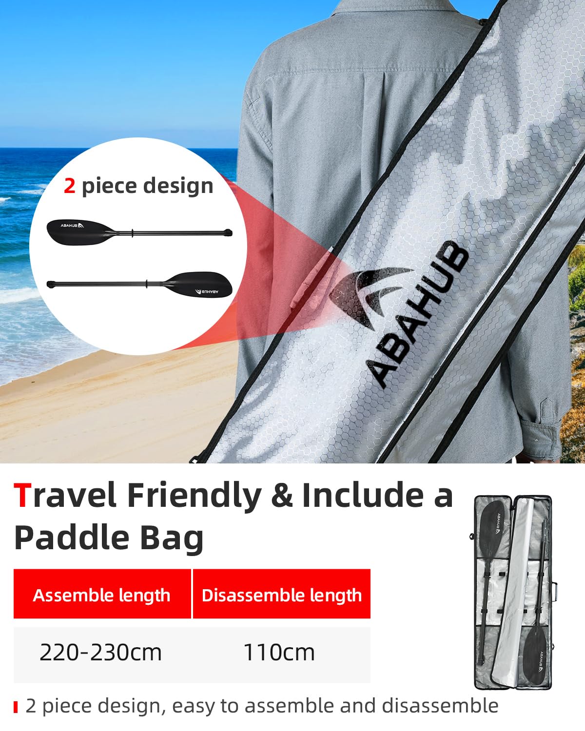 Abahub 2teilig Kajak Paddel Vollcarbon verstellbar 220cm bis 230cm Doppelpaddel mit Paddelleine für Kajakfahren Ruderboot, Carbonschaft Vollkohlefaser Paddelblatt