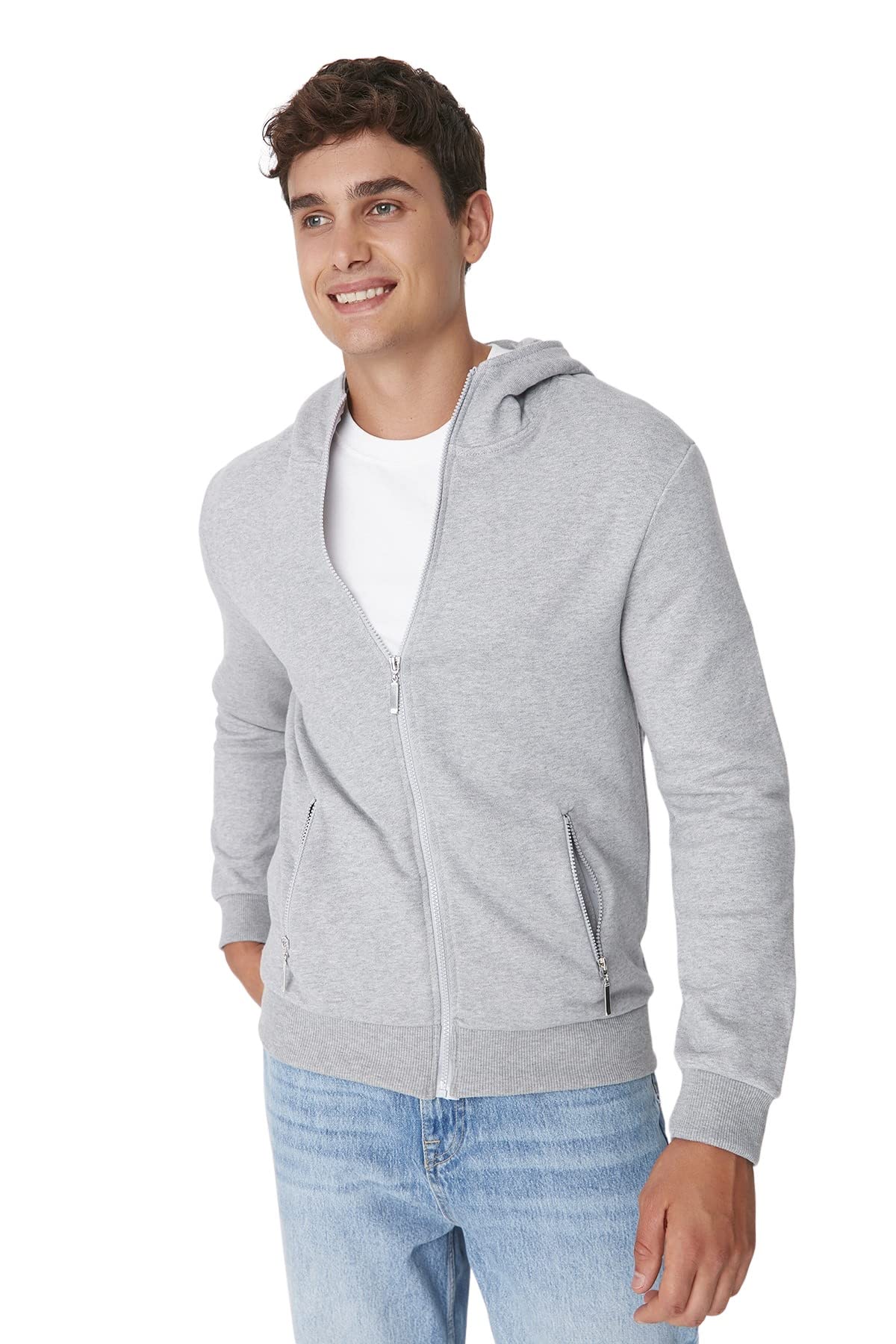 Trendyol Men's Trendyol Man Regular Standard Hood Knit Cardigan Sweater, Gray, XL UK