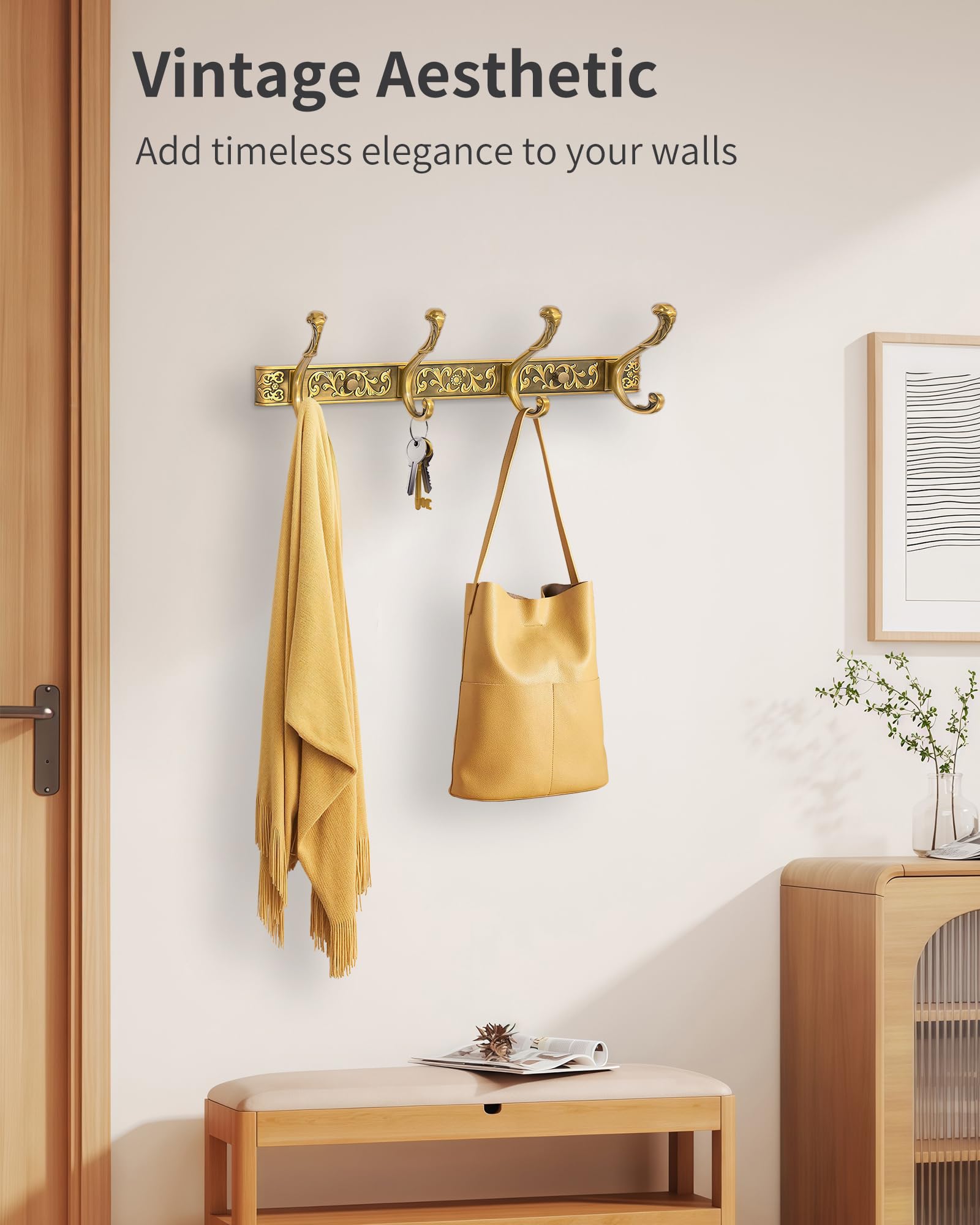 Vintage Garderobenleiste Wandhalterung, dekorative Wandgarderobe mit 4 Haken zum Aufhängen von Schlüssel, Geldbörse, Hut, Bademantel, Handtuch, Kleidung, einzigartiger Kleiderbügel für