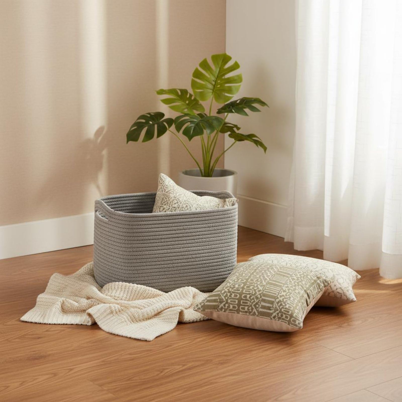 Cesta Rectangular Tejida Multiuso Cesto Ropa Sucia Gran Capacidad Cesto Ropa Sucia para Dormitorio, Gris Claro Sólido, size to 1