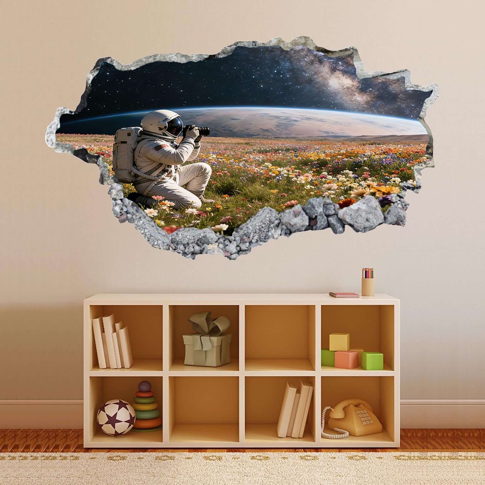 3D Wandtattoo I Wandbild Astronauten Erdenblumenfeld Wandaufkleber I Wandsticker Durchbruch Poster Fensterblick I Wand Deko Aufkleber für Wohnzimmer Schlafzimmer Küche Türaufkleber 70x122cm
