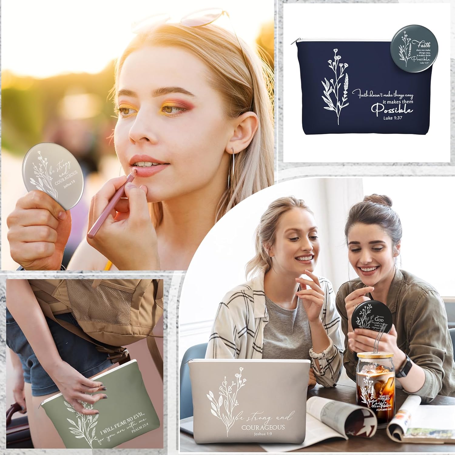 Fumete Christian Gift for Women Christmas Sunday School Teacher Flower Makeup Bag Bible Verse Coffee Cup with Bamboo Lid Straw Pastor Wife Mini Compact Mirror Religious Church Gift(Bible-b,4 Sets) - Image 6