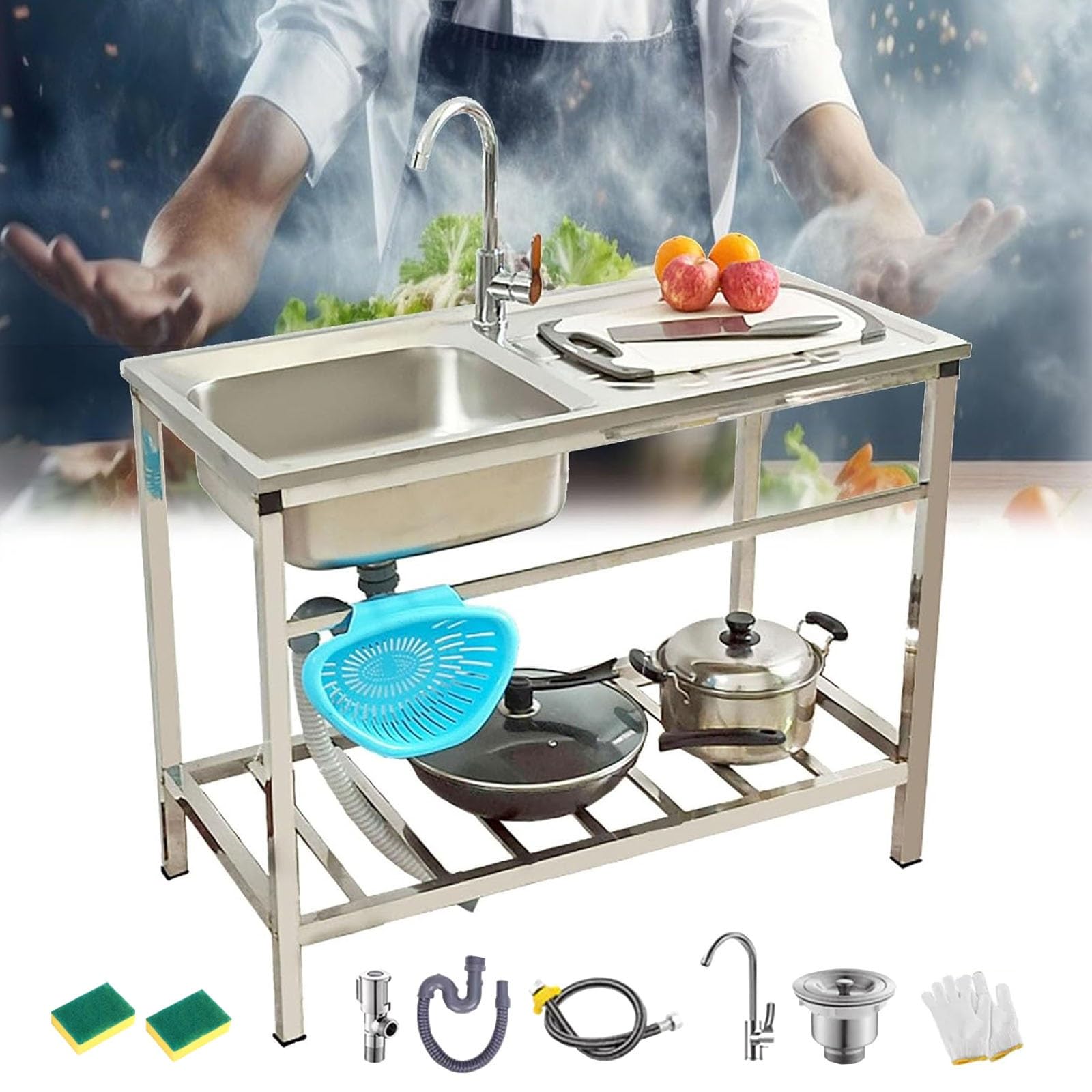 Fregadero Comercial de Acero Inoxidable 75x40xh75cm con Patas, Grifo Giratorio de 360°, Kit de Desagüe Incluido, Ideal para Jardín, Lavadero y Hostelería