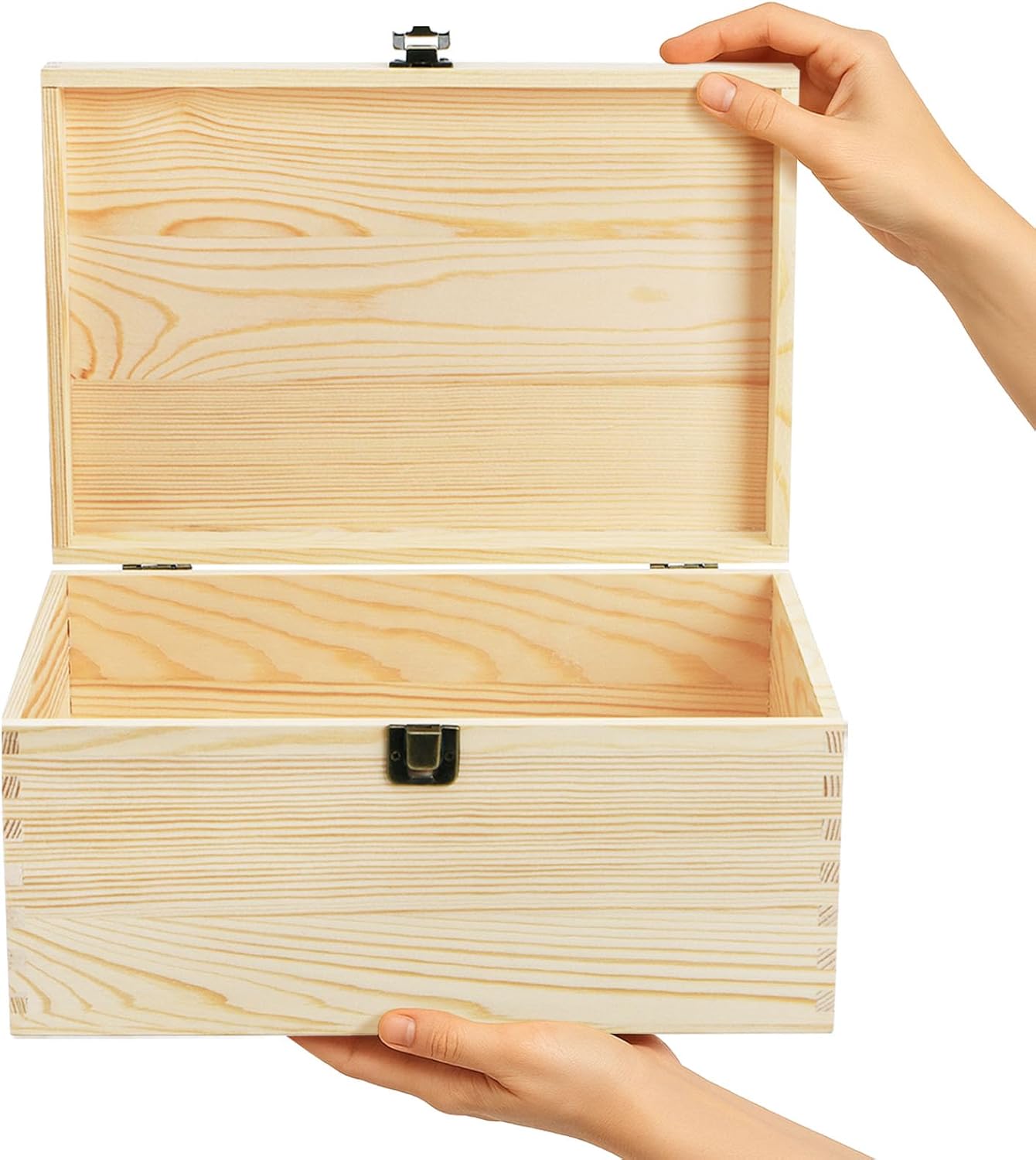 yarlung Unfinished Wooden Box with Hinged Lid, 12 x 8 x 6 Inch Large Memory Box for Crafts, Unpainted DIY Gifts Box for Jewelry Storage, Treasure Chest, Art Hobbies, Front Clasp