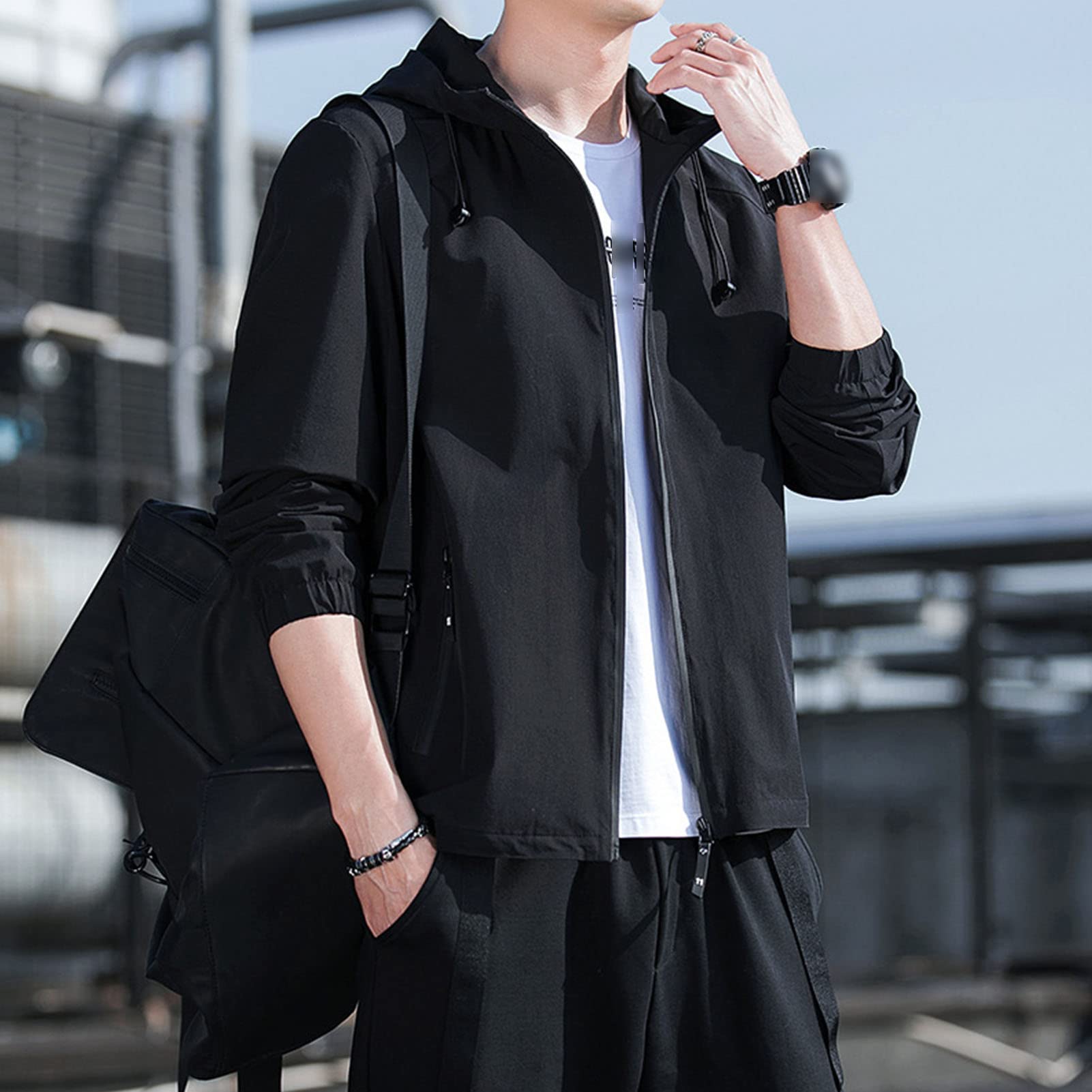 Maiyifu-GJ Men's Lightweight Full Zip Windproof Hoodie Slim Fit Casual Hooded Sweatshirt Outdoor Spring Active Windbreaker (Black,4X-Large)