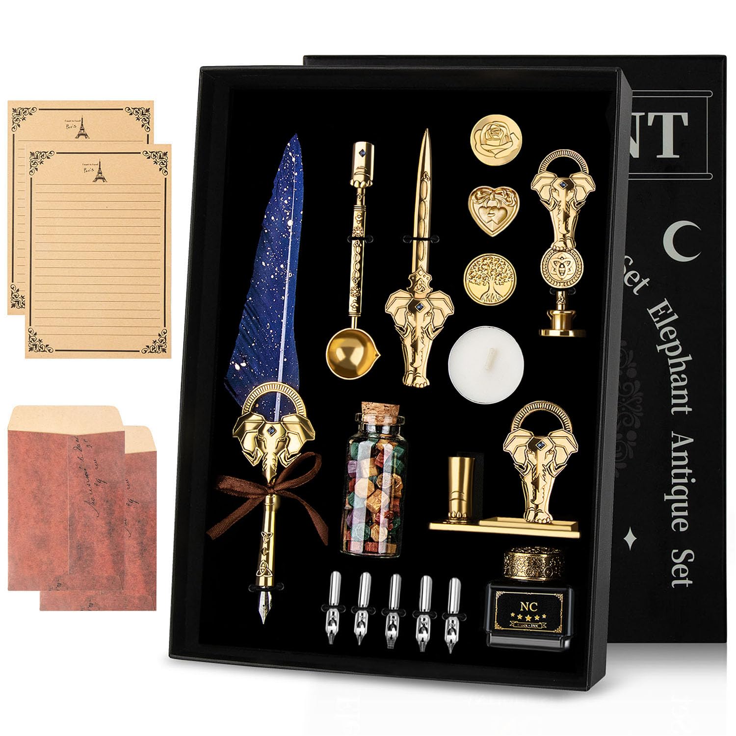 NC Quill Pen and Ink, Feather Pen, Calligraphy Set, Dip Pen, Valentine's Day Gift, Holiday Ideal (Blue)