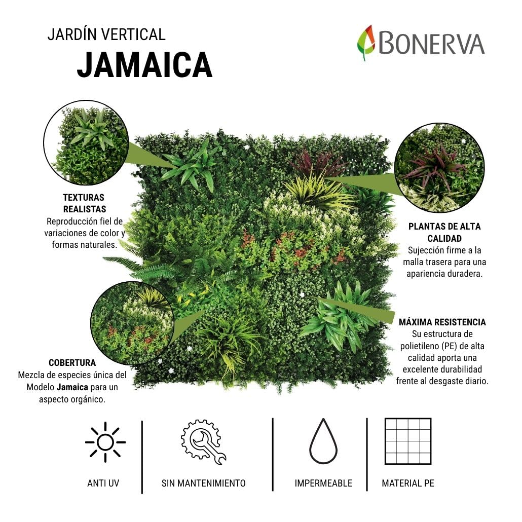 BONERVA | Jardín Vertical Jamaica | Pieza 100x100cm (1m²) | Planta Artificial Decorativa para Hogar, Oficina, Hotel, Restaurante | MAL1215