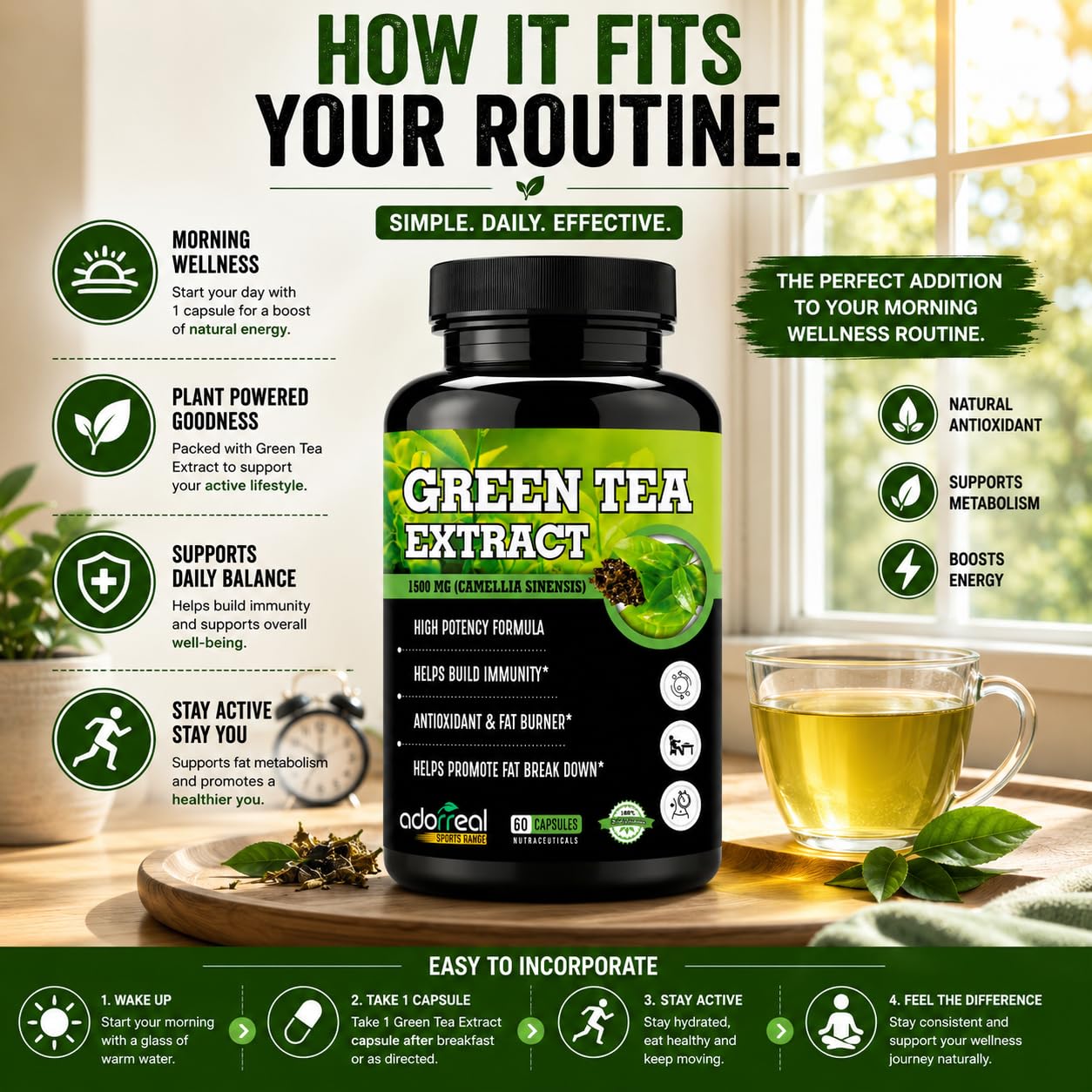 Adorreal Green Tea Extract 60 capsules for Weight Loss (Fat Burner) & Antioxidant Metabolism Booster Supplement Capsule Support Healthy Weight Management & Support Regulation of Hunger 3