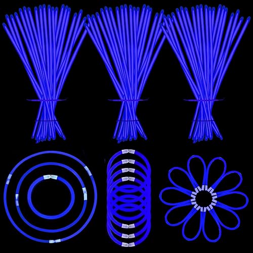 150 varillas brillantes azules con conectores a granel de 8 pulgadas, pulseras y collares que brillan en la oscuridad, suministros de fiesta de neón