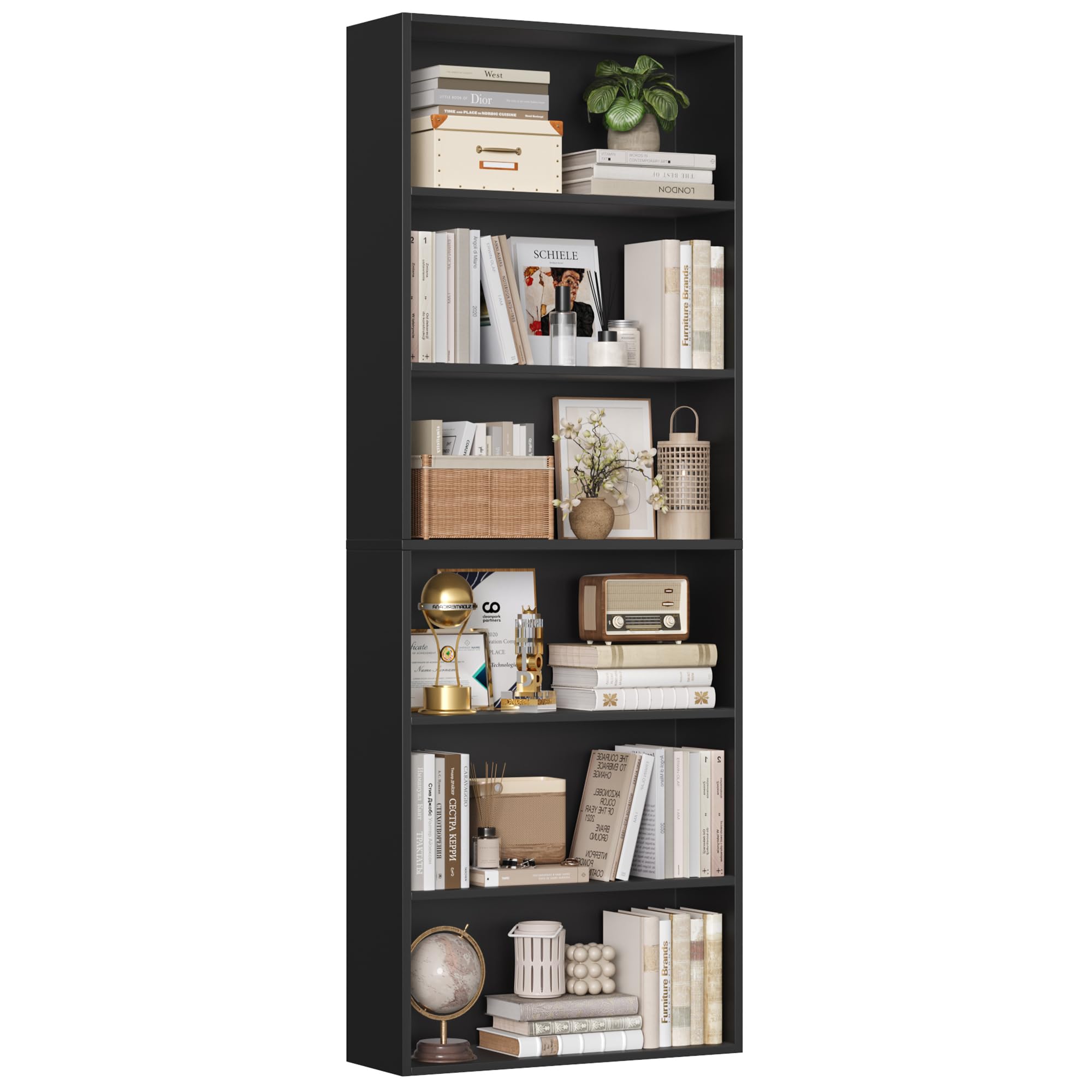 FirFurd Bookcase 6 Tiers Bookshelf Black Tall Display Shelf Freestanding Wooden Storage Unit for Living Room Bedroom Office 60x23.5x180cm
