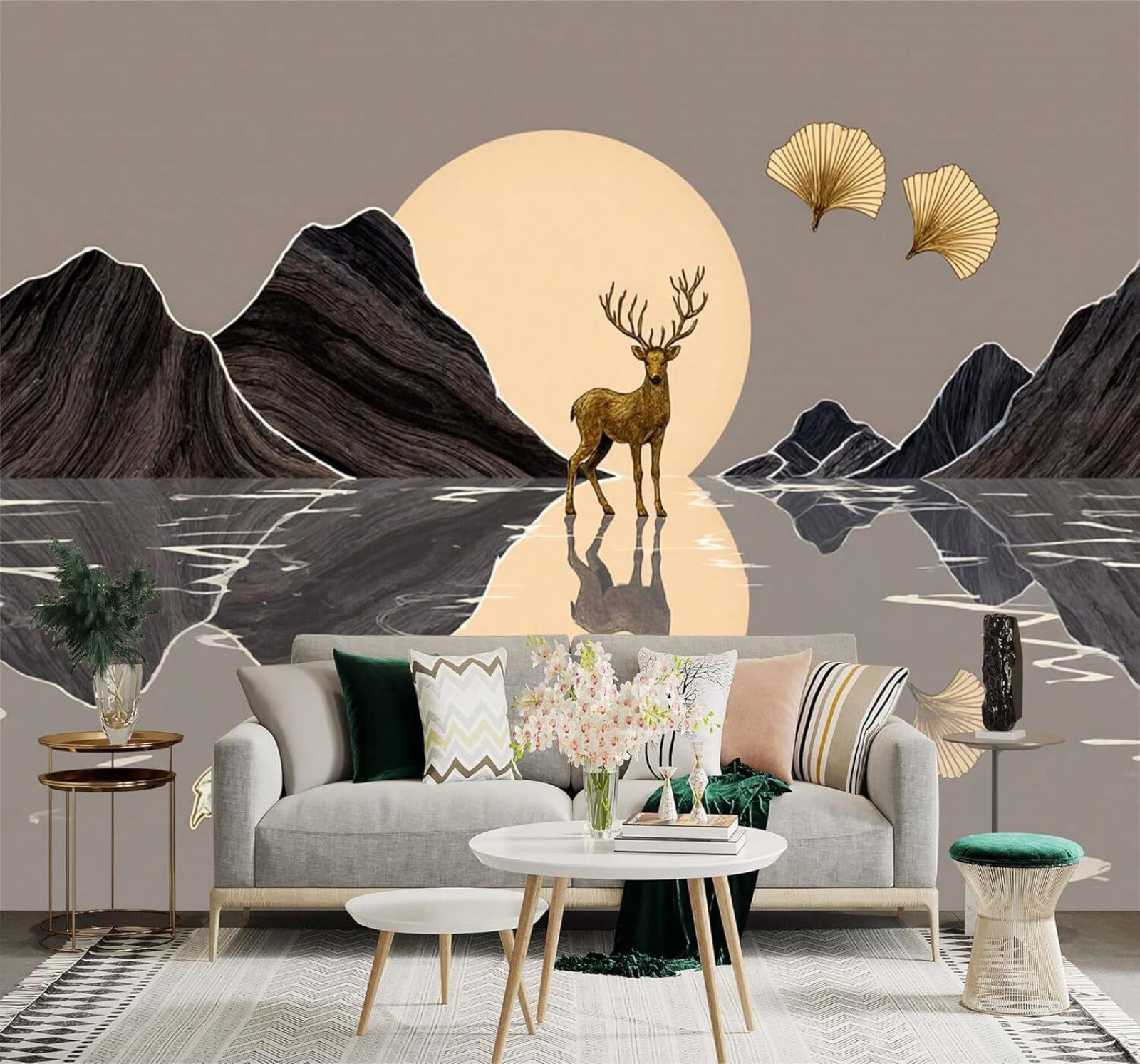 Tzxztt 400Cm×280Cm(B×H) Golden Deer Moon Mountains Ginkgo Leaves Reflection Modern 3D Wallpaper Premium Textured Silk Neutral Tones Material Ideal For Living Room Bedroom-400Cm×280Cm