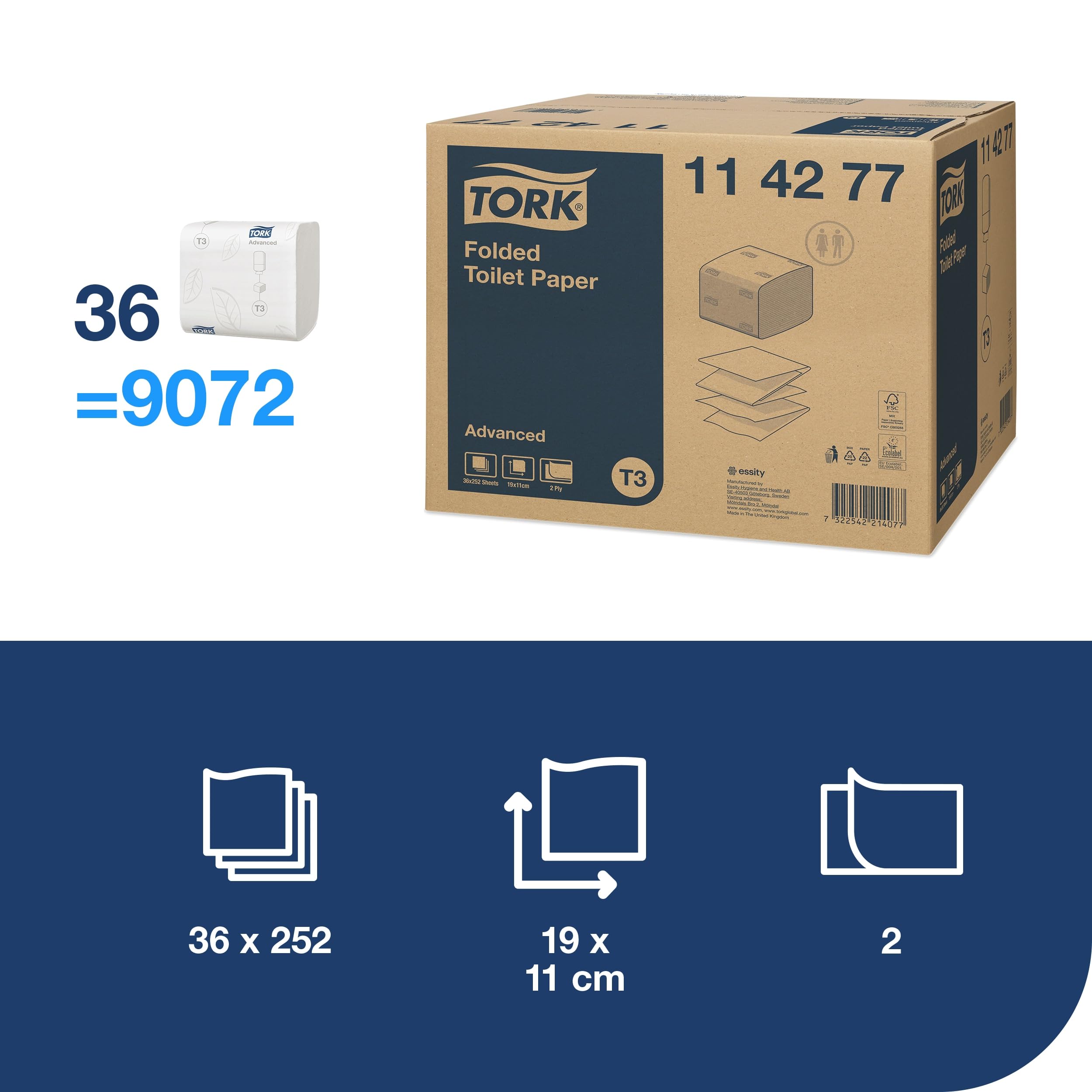Tork Papel Higiénico Plegado Blanco T3, Advanced, 2 capas, 36 x 252 hojas, 114277
