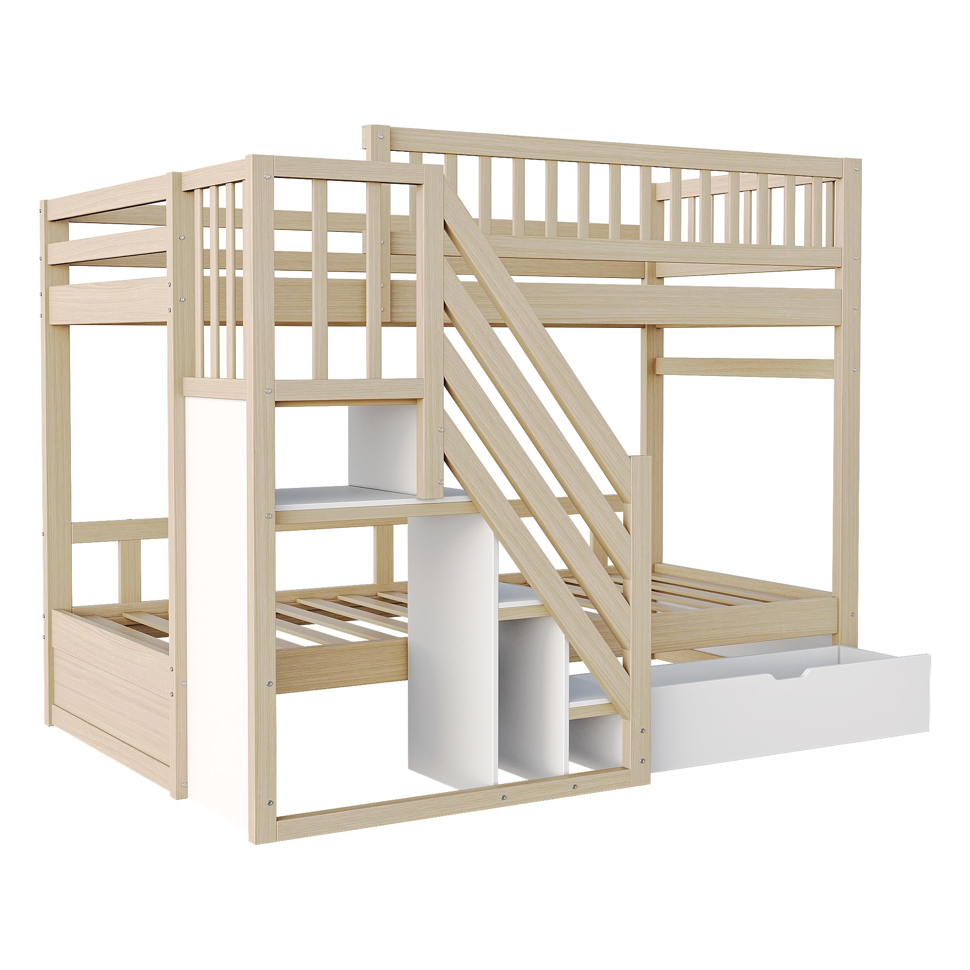 Su & Chan Legence Hochbett 90x200 cm mit Treppe, Stauraumschränken und Schublade, Etagenbett aus Massivholz mit hohem Geländer für Kinder, ohne Matratze, Holzfarbe