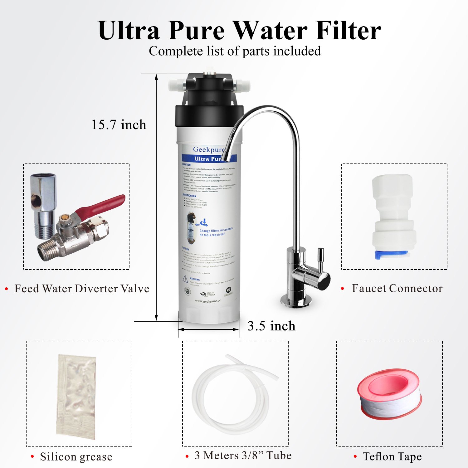 Geekpure Sistema di filtrazione dell'acqua potabile a connessione diretta ad alta capacità ultra pura a 4 stadi sotto il bancone -0.01 micron -Rimuove, piombo, cloro, cattivo gusto