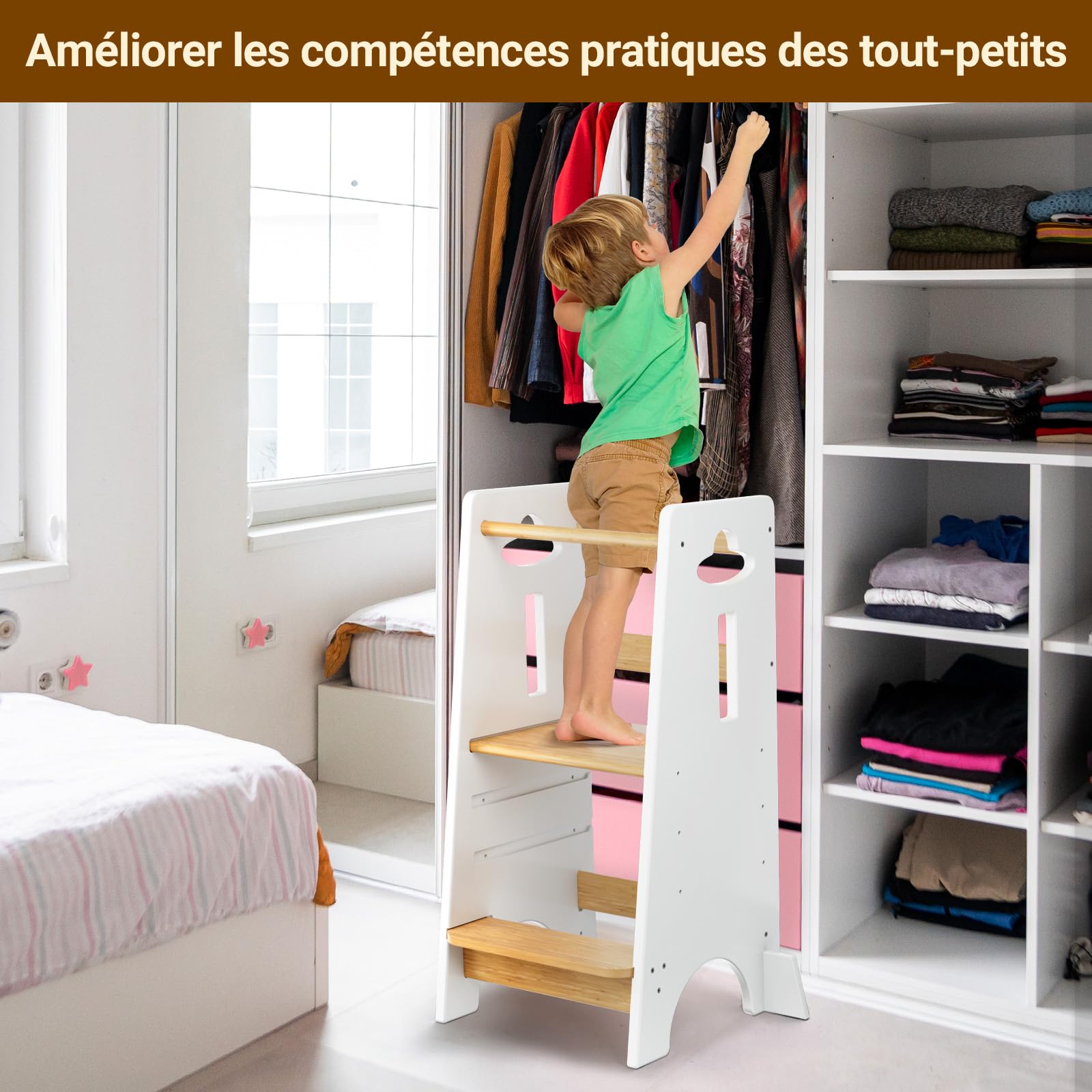 COSYLAND Tour d'apprentissage pour Enfants Bois Hauteur réglable 3 Niveaux 80 cm Blanc Classique Naturel