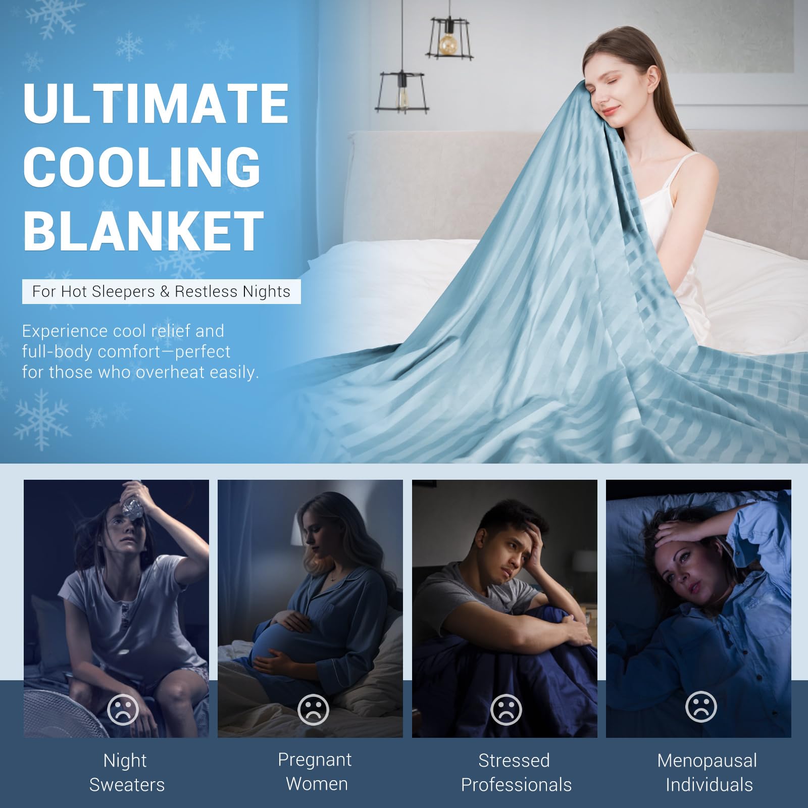 Koc chłodzący Elegear 150x200 cm na nocne poty, Q-Max>0.5, letni koc z włókna Arc-Chill 3.0 dla osób gorąco śpiących. Oddychający, lekki, rozmiar Podwójne/Królewskie, jasnoniebieski w paski