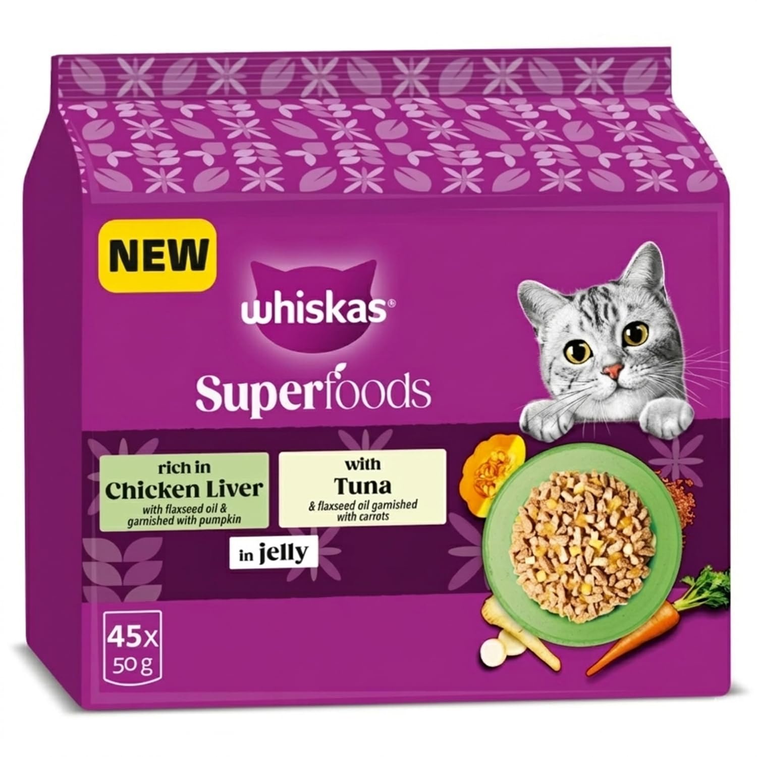 WHISKAS 1+ SUPERFOODS MIXED Selection Wet Cat Food Pouches in Jelly 3 x 15 x 50g