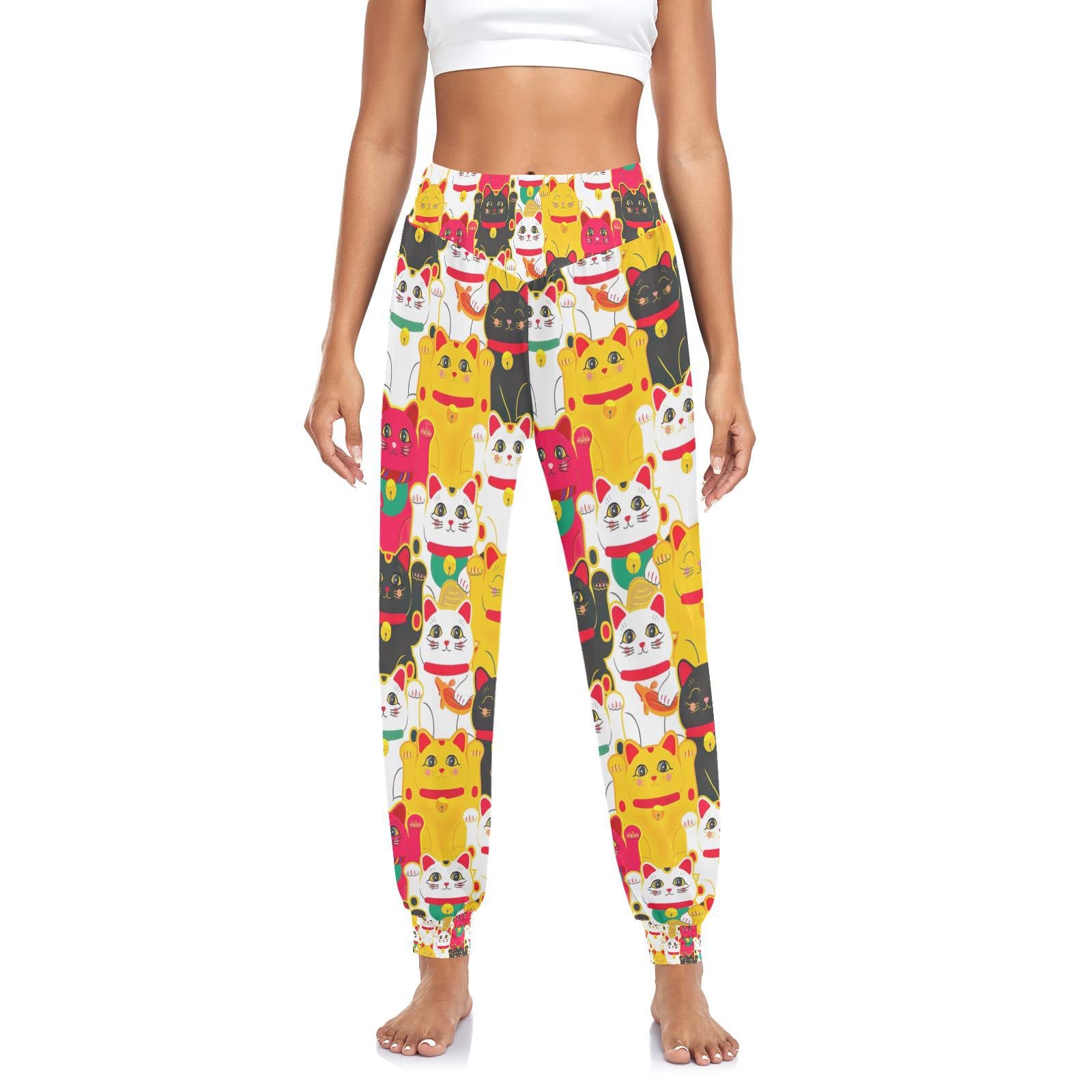 KLL Women Dancewear Maneki Neko Happy Cat Pattern, Loose Fit Jogger Pants Sport Gym Yoga