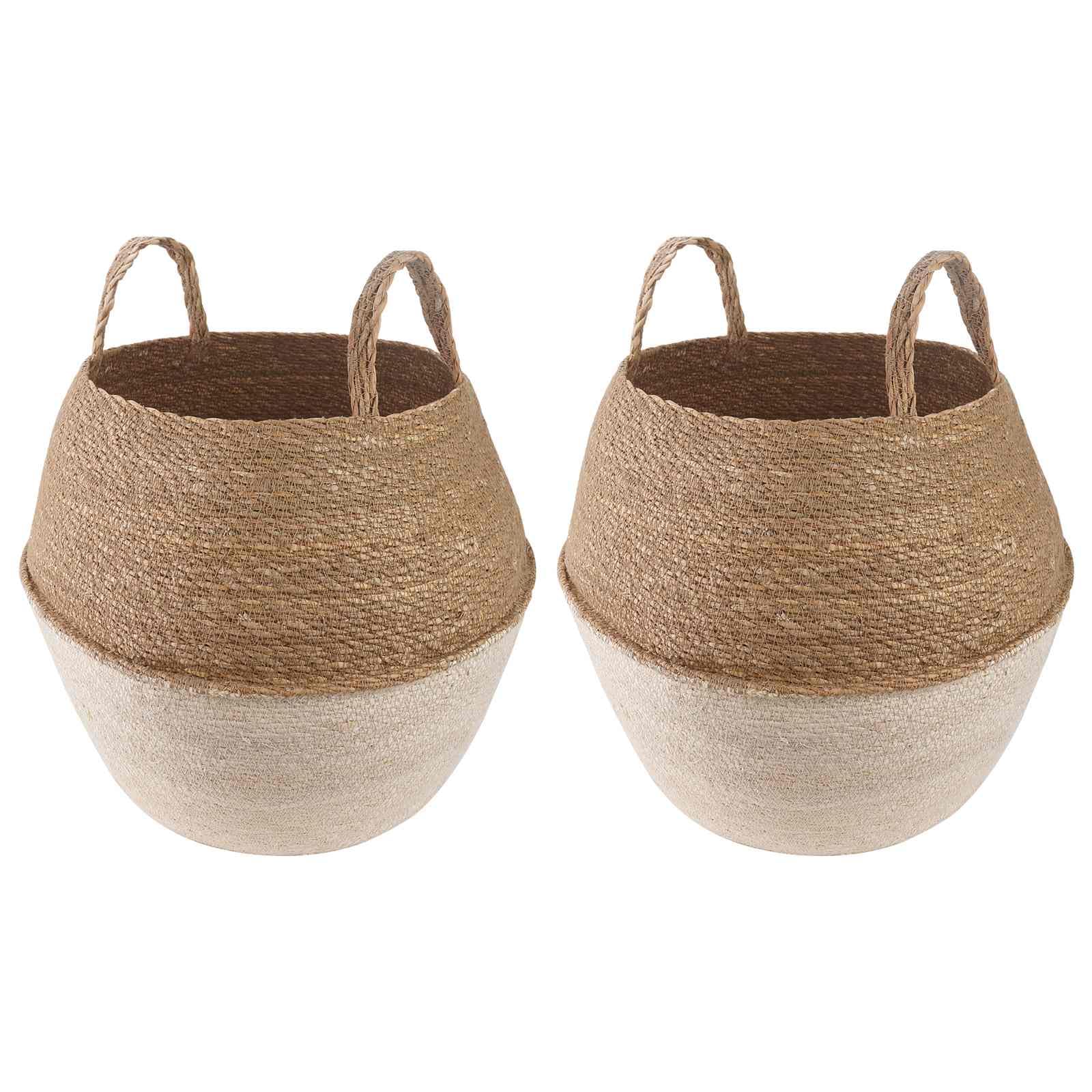 Macetero con asas, juego de 2 unidades, color blanco, diámetro de 32 x 32 cm, para plantas de interior, jardín, decoración natural, maceta trenzada redonda