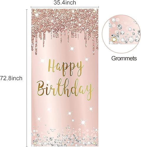 Miniatura 6 de Pancarta de feliz cumpleaños de oro rosa rosa para mujer, cubierta de puerta de feliz cumpleaños y suministros de fiesta de porche, gran decoración