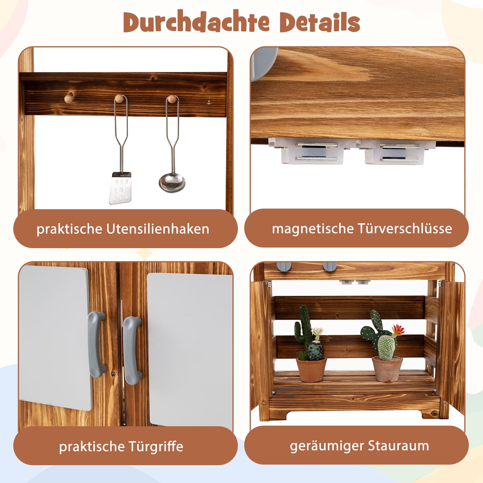 DREAMADE Matschküche Kinder Outdoor, Spielküche aus Tannenholz mit Waschbecken, Wasserhahn, 2 Herden, 2 Kochtöpfen, 4 Pflanztöpfen & Acryltafel, Outdoor-Holzküche für Kinder ab 3 Jahren