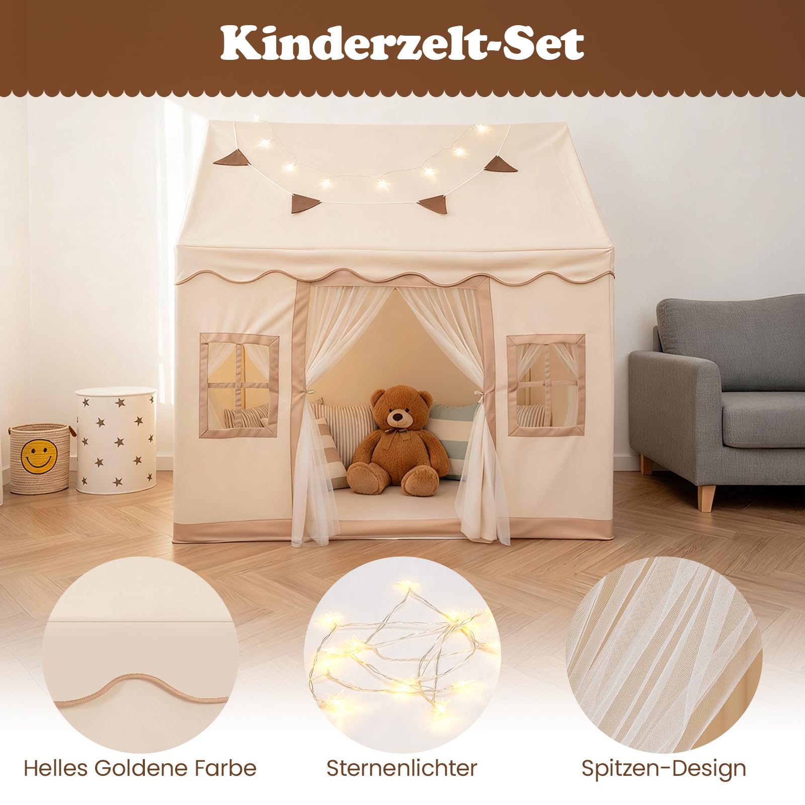 2-in-1-Kinderspielzelt mit zwei Vorhängen und Lichtern, großes Indoor-Spielhaus für Kinder, Spielzelt mit Sternenlichtern und Zubehör, einfach aufstellbares Spielzelt für Kleinkinder im Alter von 2 bi