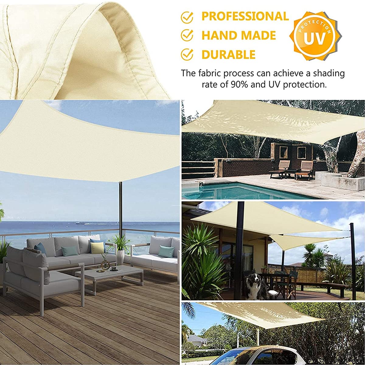 Tenda parasole 3 x 6 m, impermeabile, protezione UV 90%, rettangolare, con kit di fissaggio, per patio, balcone e giardino, protezione per tutte le stagioni