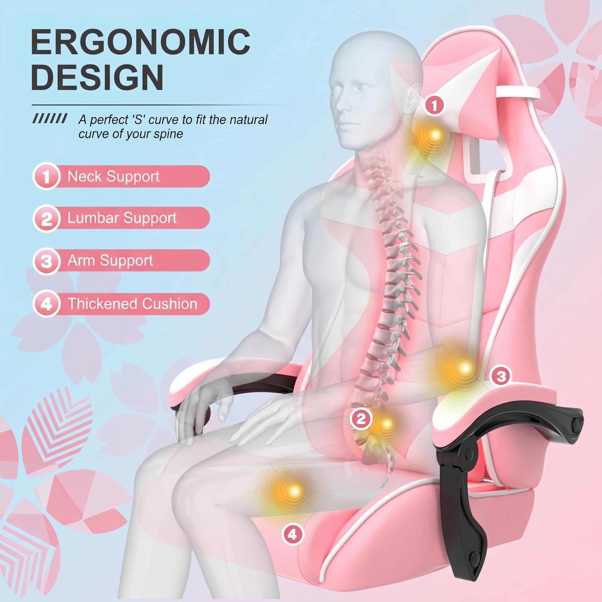 Huracan Sedia Gaming, Poltrona Gamer con Funzione Massaggio e Poggiapiedi, Sedia Gamer Ergonomica con Memory Foam e Rivestimento in PU, Altezza Regolabile, Schienale Reclinabile, Gaming Chair, Rosa